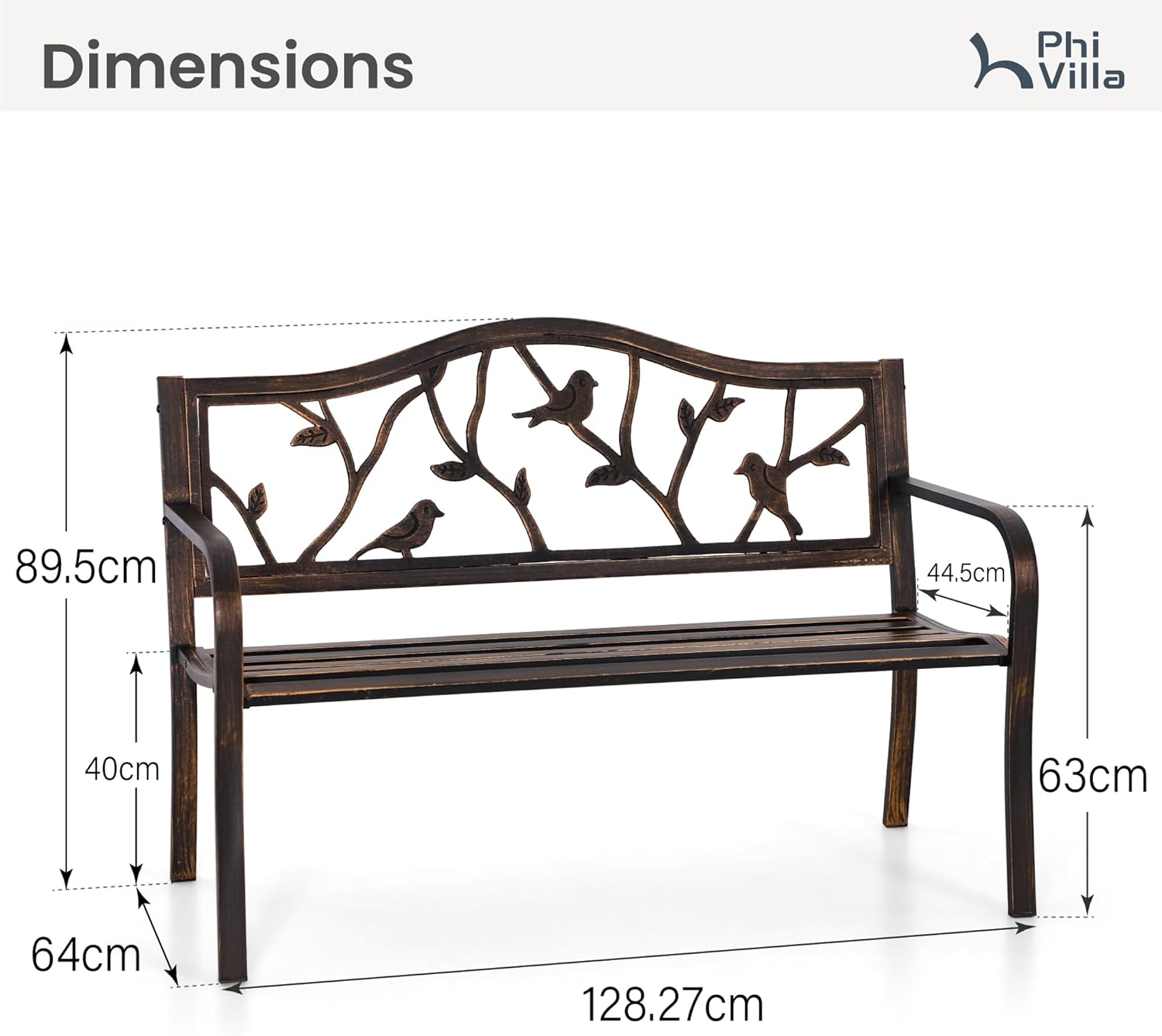 Bronze Metal Garden Bench 2–3 Seater Bird Design Patio Seat Steel