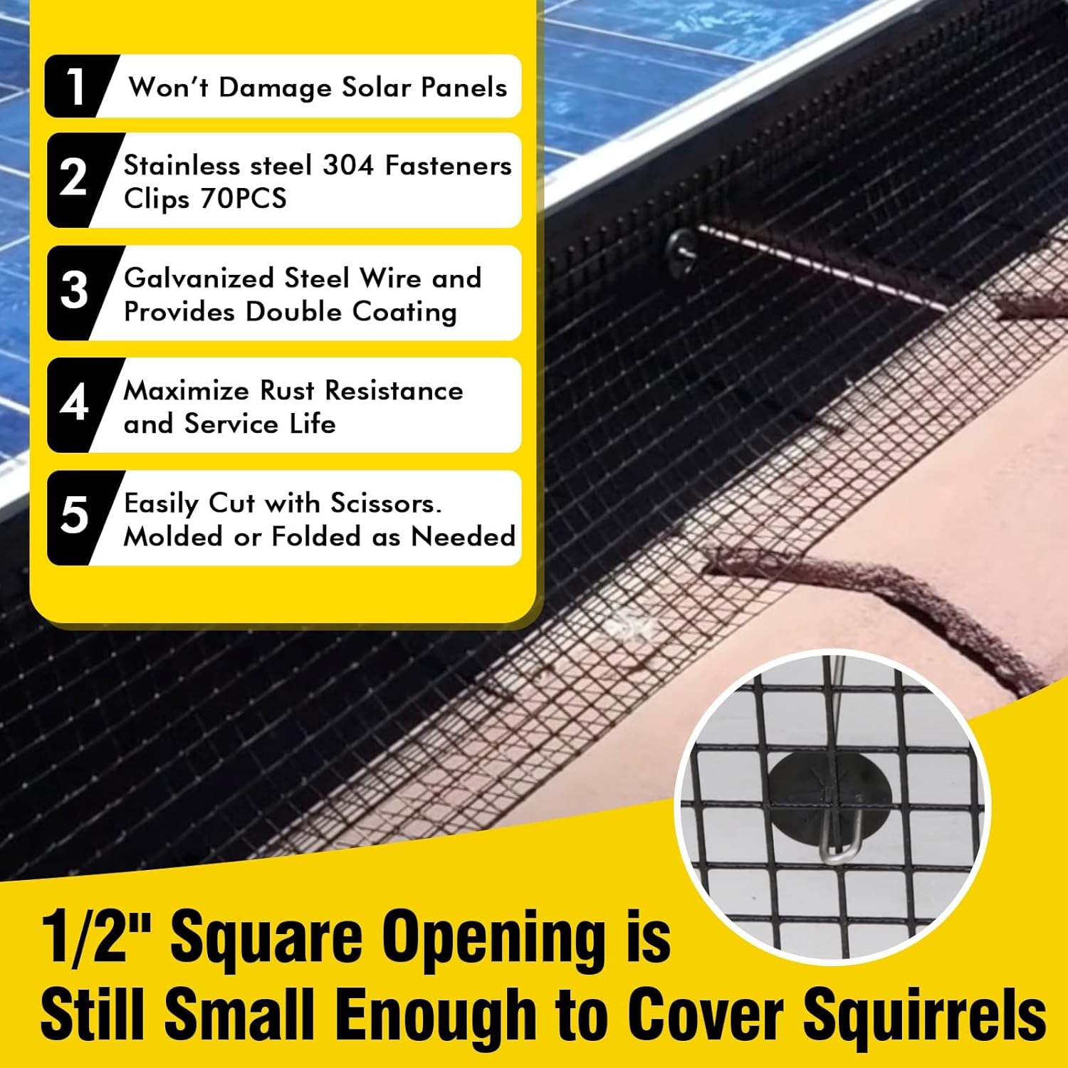 8in x 100ft Solar Panel Bird Guard Mesh with 70 Clips