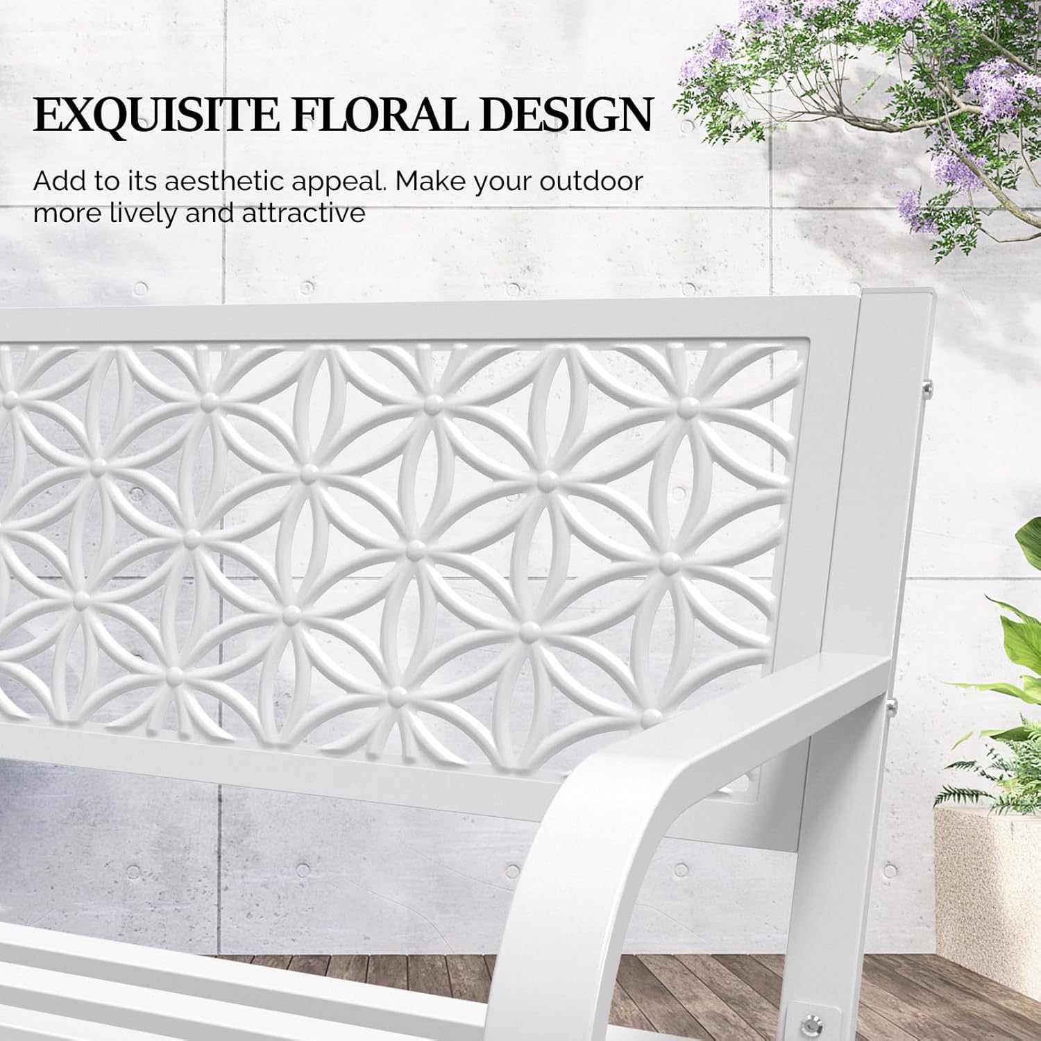 Metal Garden Bench 2-3 Seater Floral Back Outdoor Patio Seat White