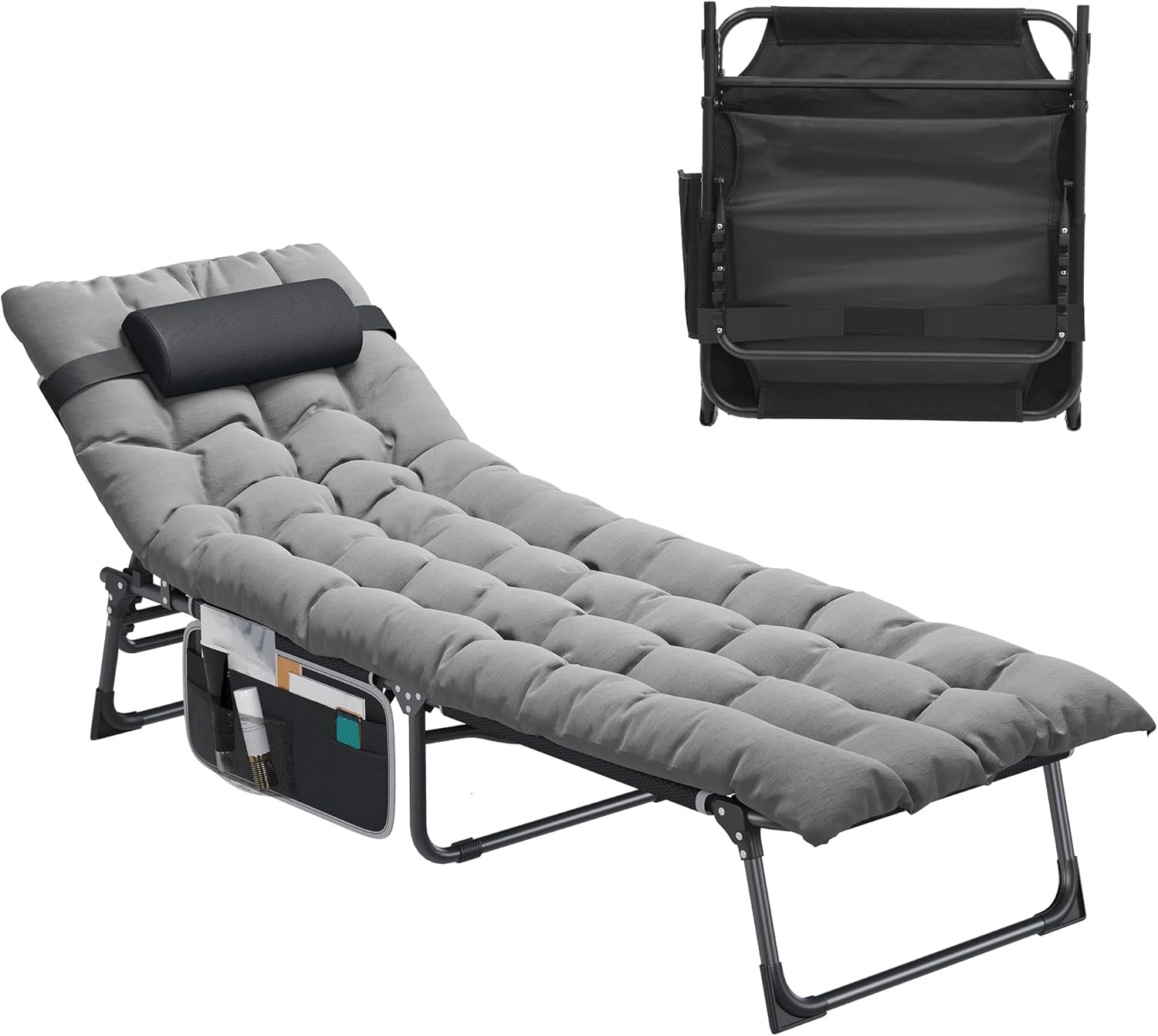 Folding Reclining Sun Lounger Bed with Cushion Grey