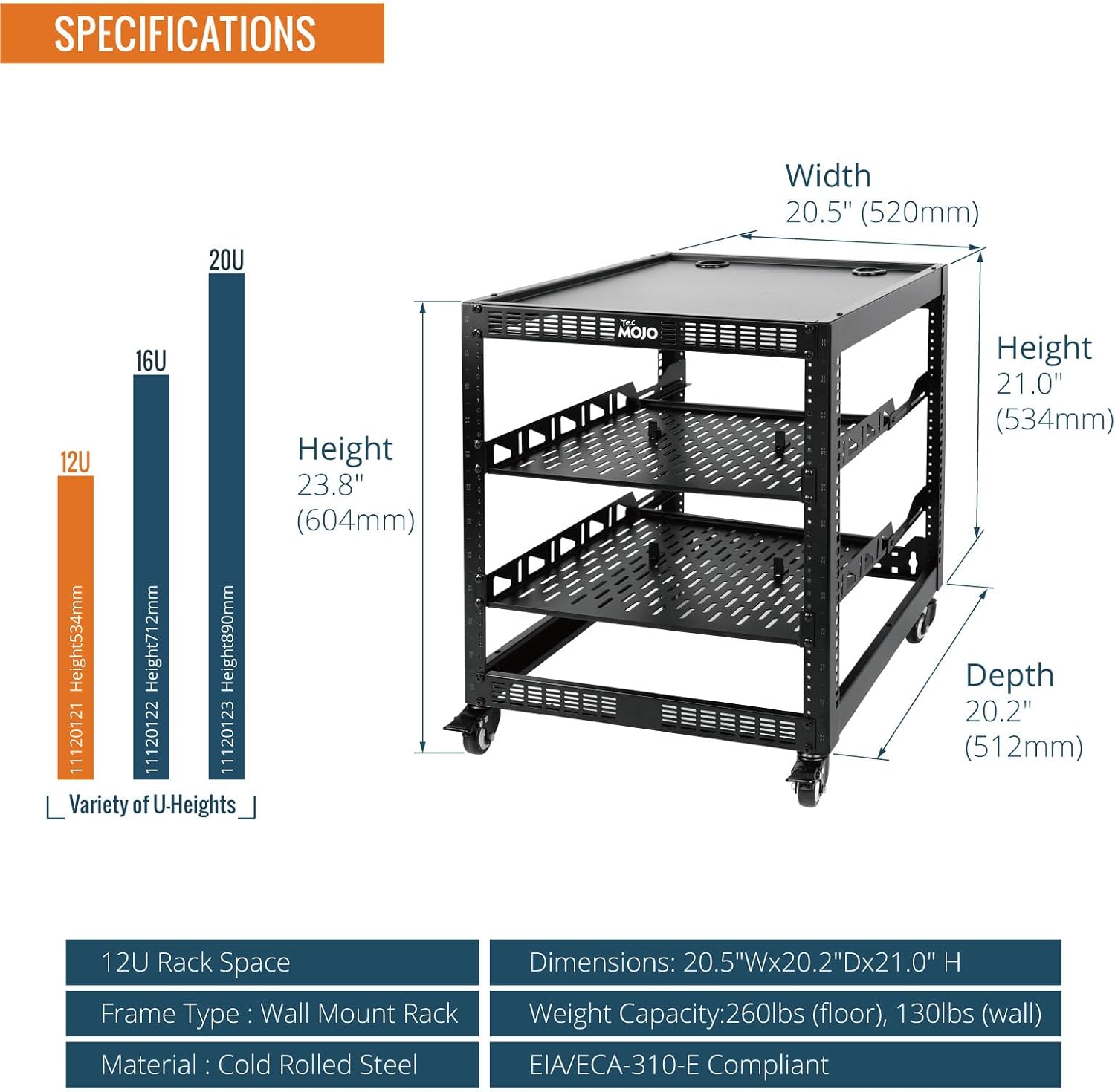 12U Open Frame Network Rack with Wheels 4 Post AV Rack