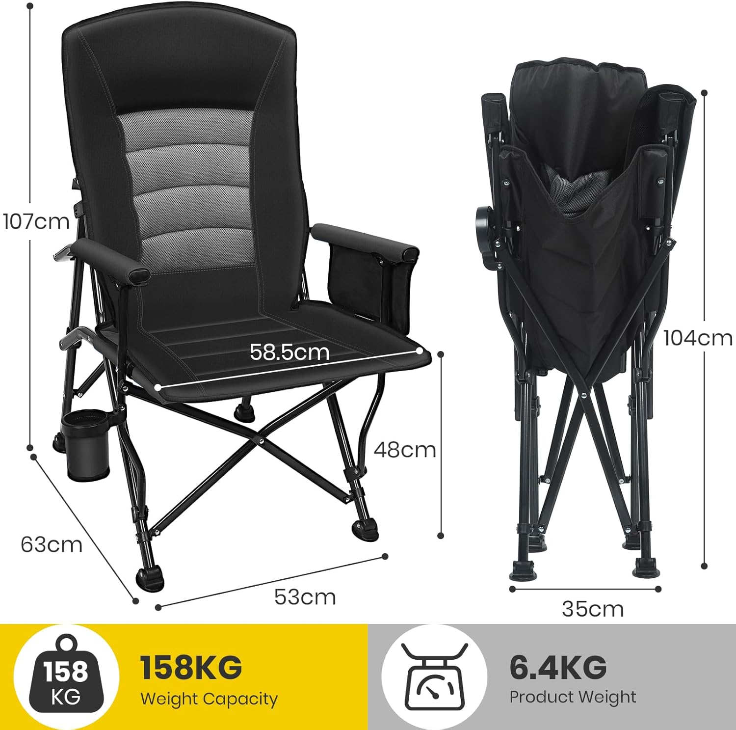 Reclining Oversized Camping Chair with Lumbar Support Black