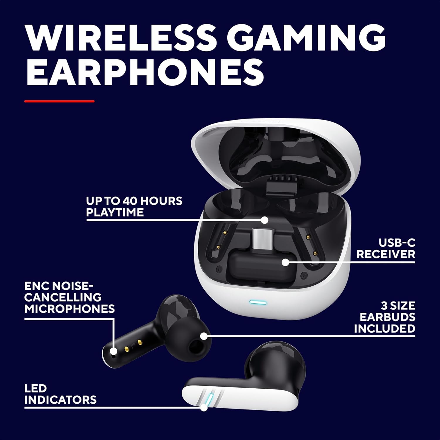 Wireless Gaming Earbuds Low Latency ENC Mic 40H Battery USB C