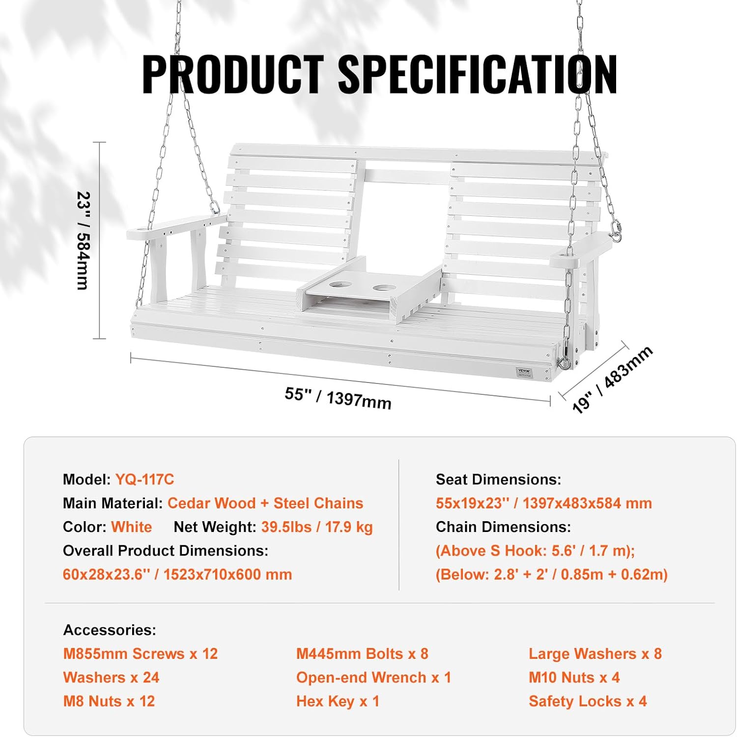 Wooden Porch Swing Bench 5ft with Foldable Cup Holder