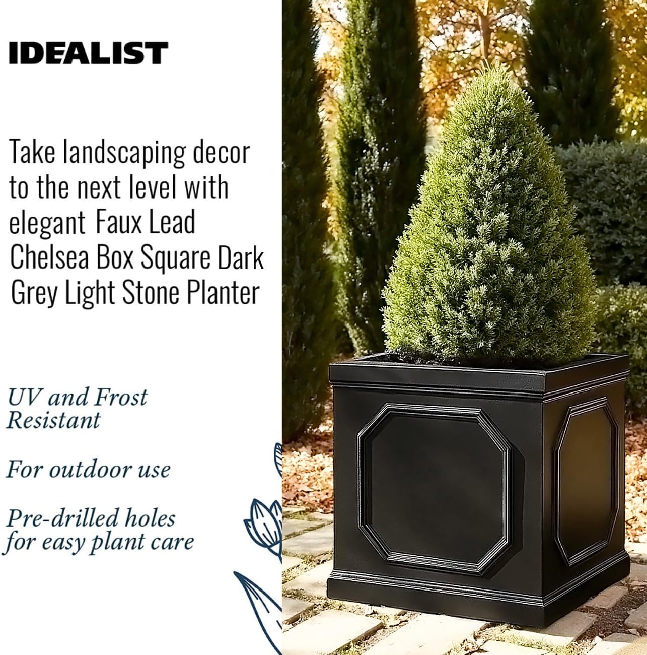 45cm Square Planter Faux Lead Dark Grey Garden Tree Pot