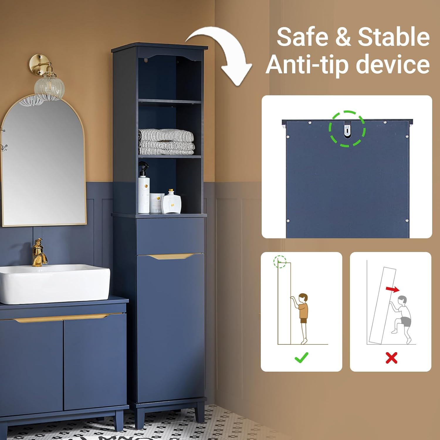 Navy Blue Tall Slim Bathroom Cabinet Shelves Drawer Unit