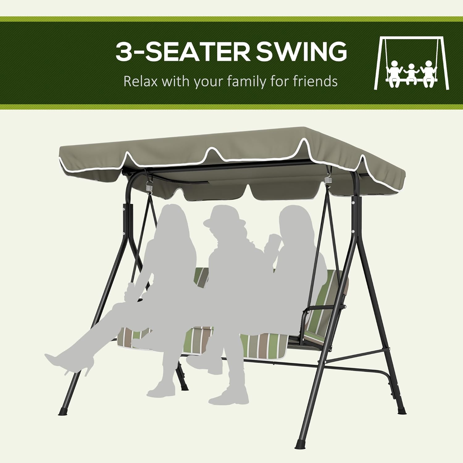 3 Seater Garden Swing Chair with Canopy Green Grey