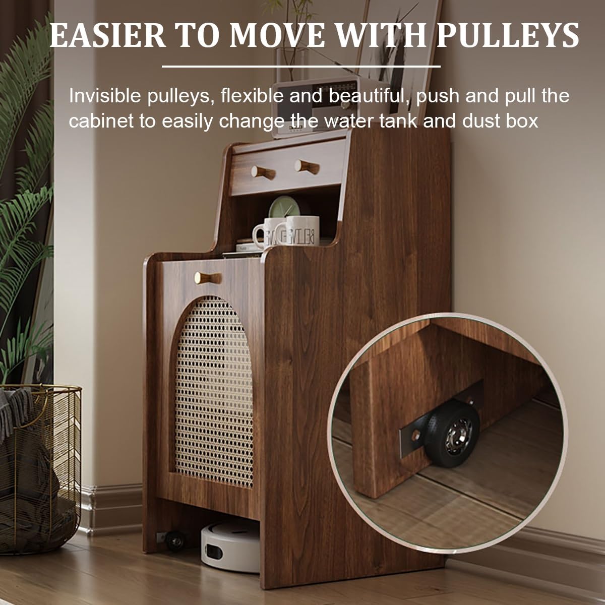 Robot Vacuum Storage Cabinet White Mobile Organizer Drawer Rattan Door