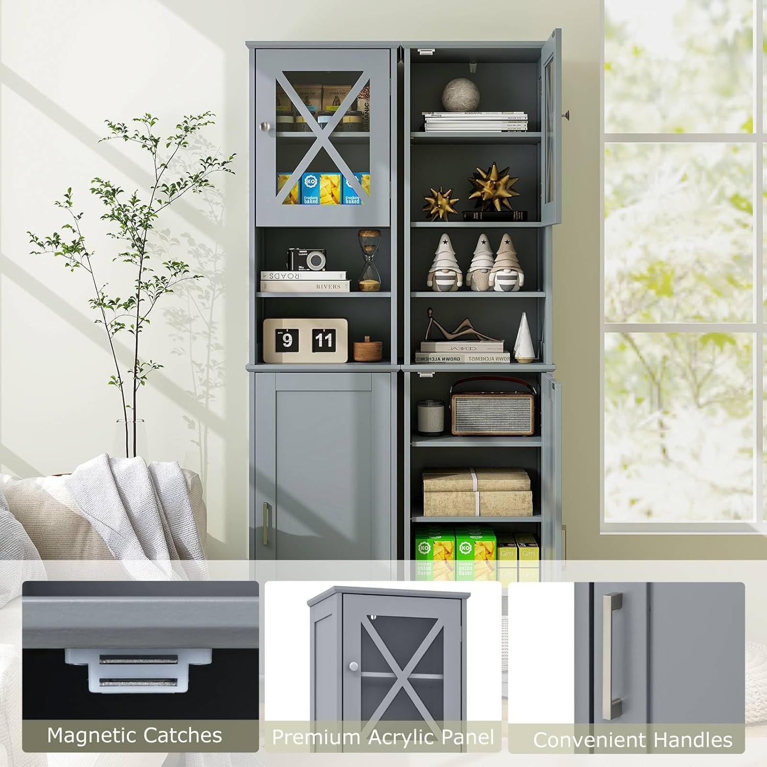 Tall Bathroom Storage Cabinet 2 Door Shelf Unit Grey