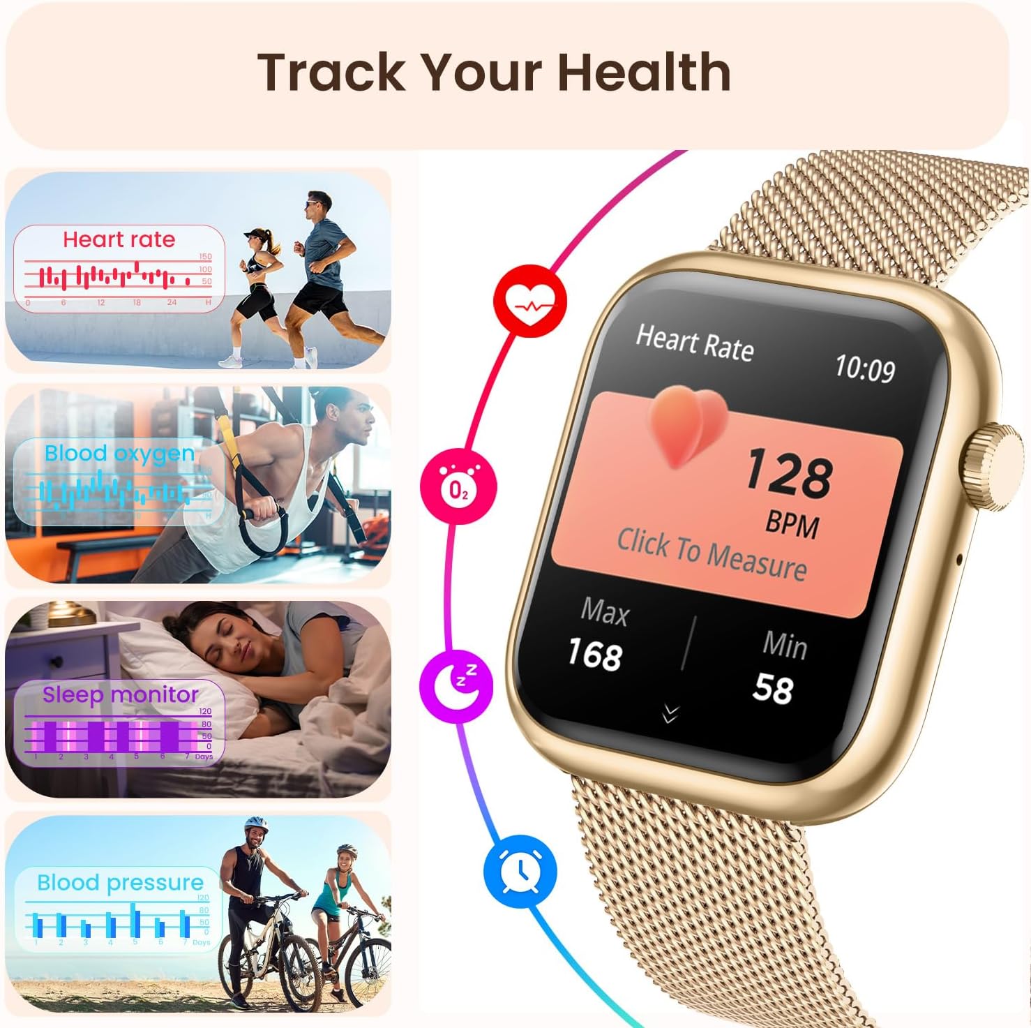 Women Smart Watch Call Fitness Tracker 3 Strap Gold