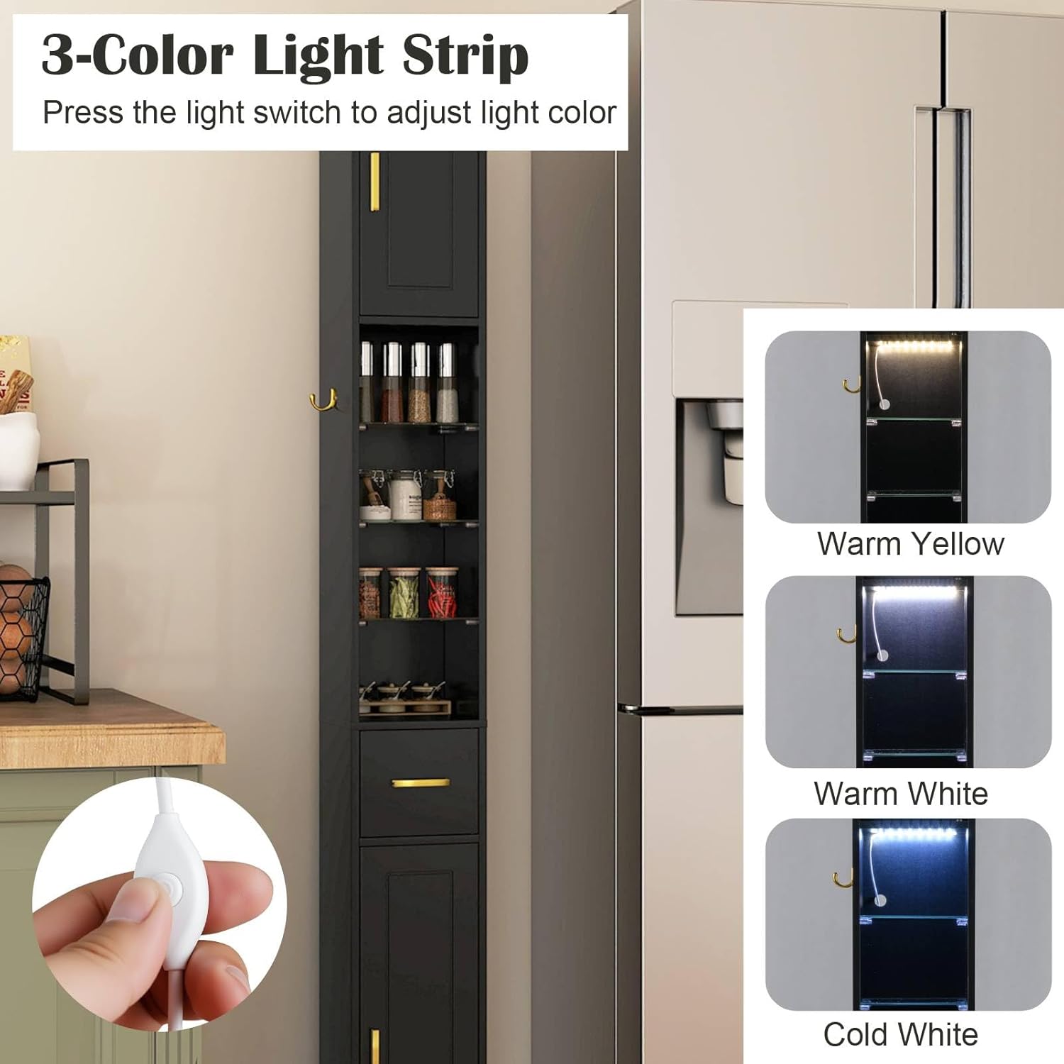 Tall Slim Storage Cabinet Black LED Shelf Hook Unit
