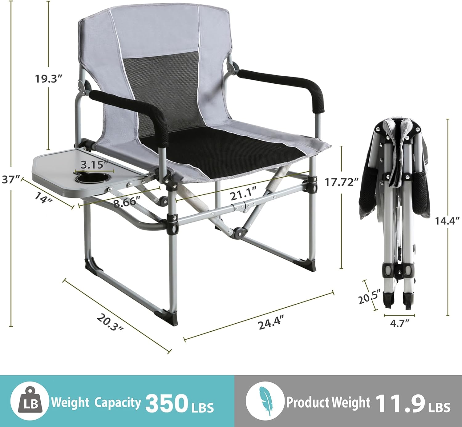 Oversized Directors Camping Chair with Side Table Grey