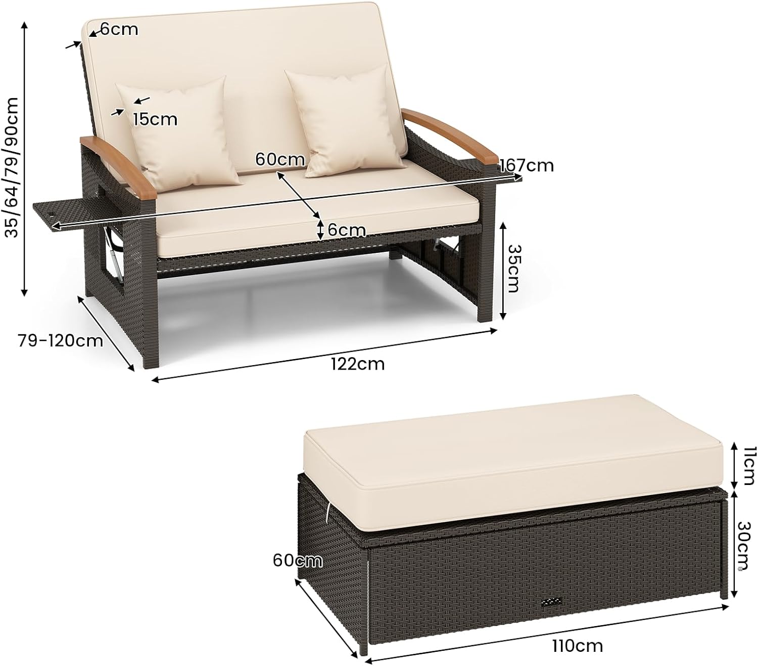 Double Rattan Daybed Wicker Sun Lounger Beige