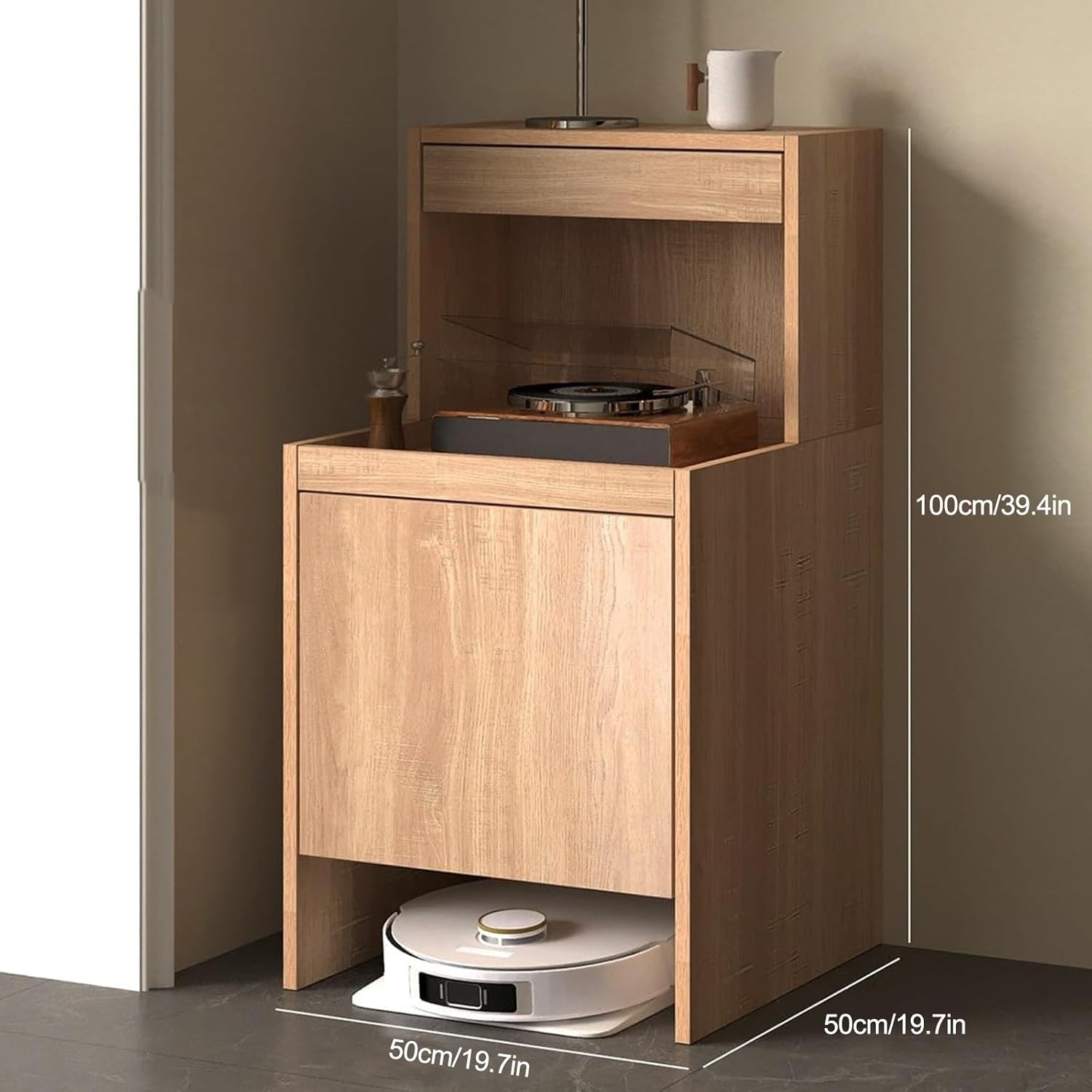 Tall Robot Vacuum Storage Cabinet Hidden Organizer Side Table Pull Shelf