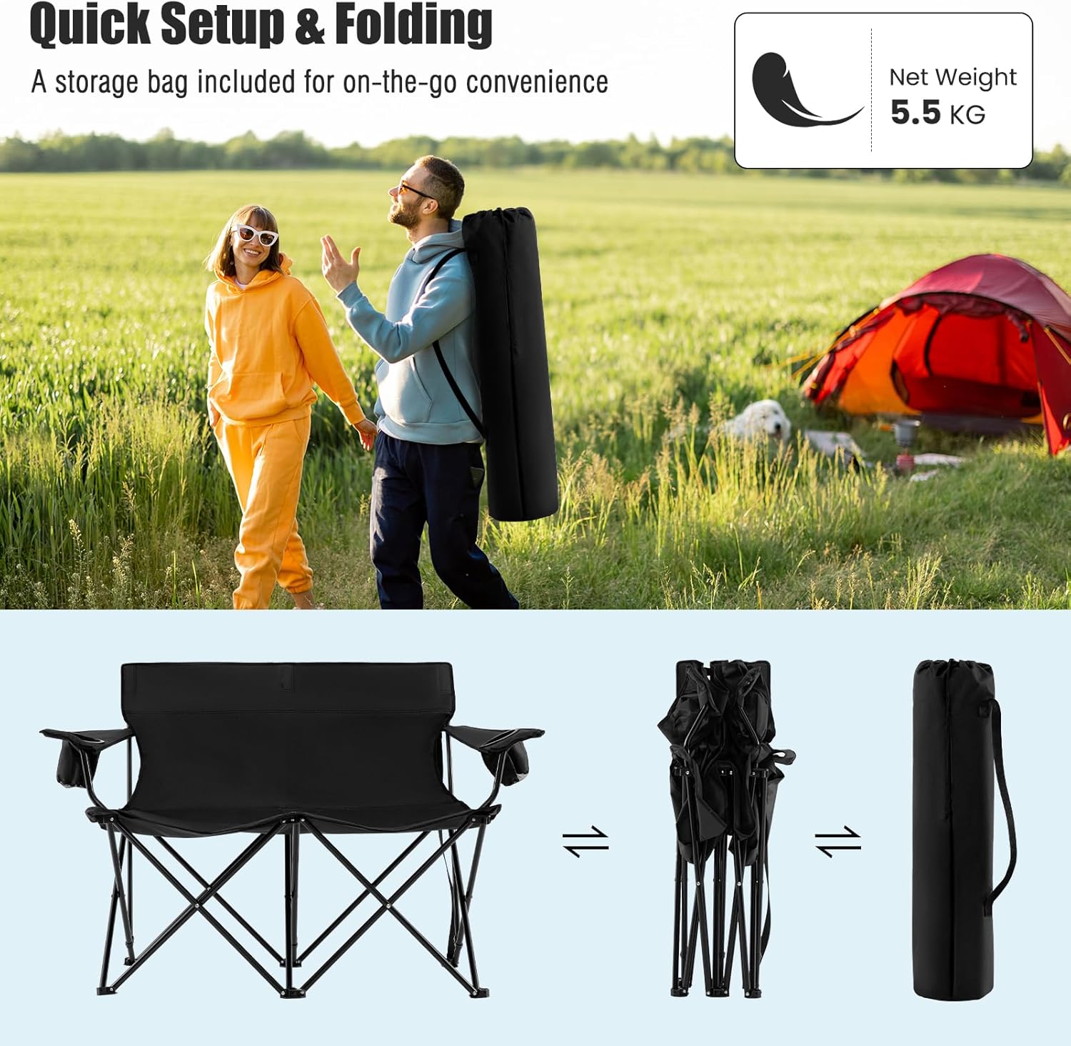 Double Camping Loveseat Chair 300KG Foldable Black