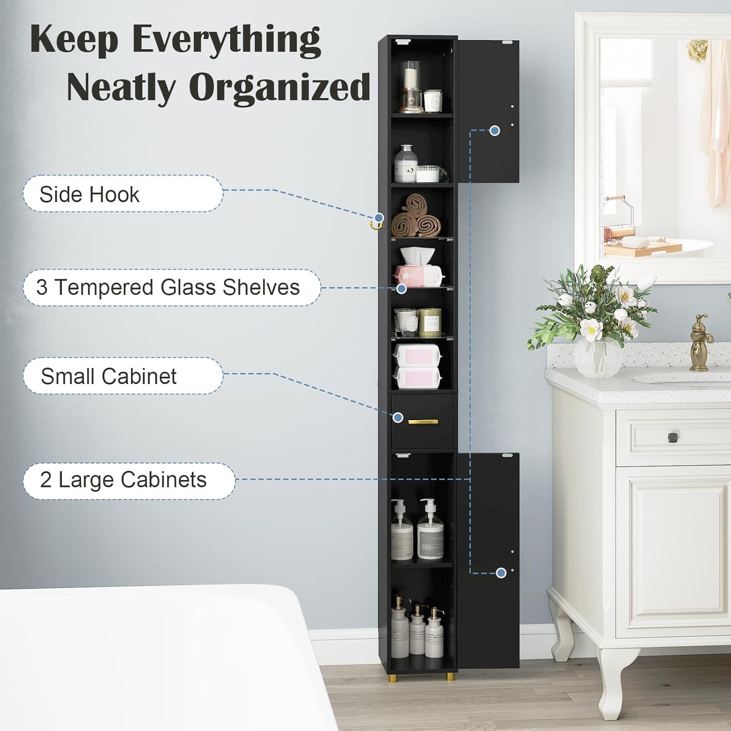 Tall Slim Bathroom Cabinet LED Light Drawer Shelves Black 180cm