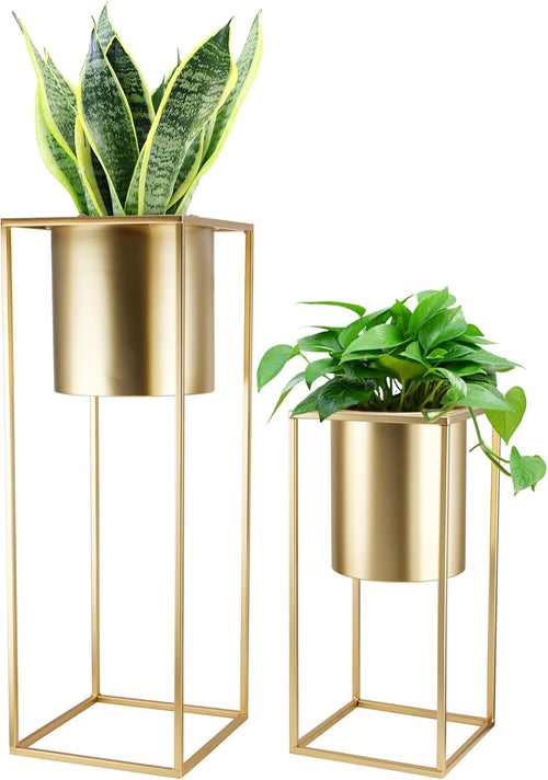 Gold Metal Planters with Stand Set of 2 Tall Pots 70cm 45cm