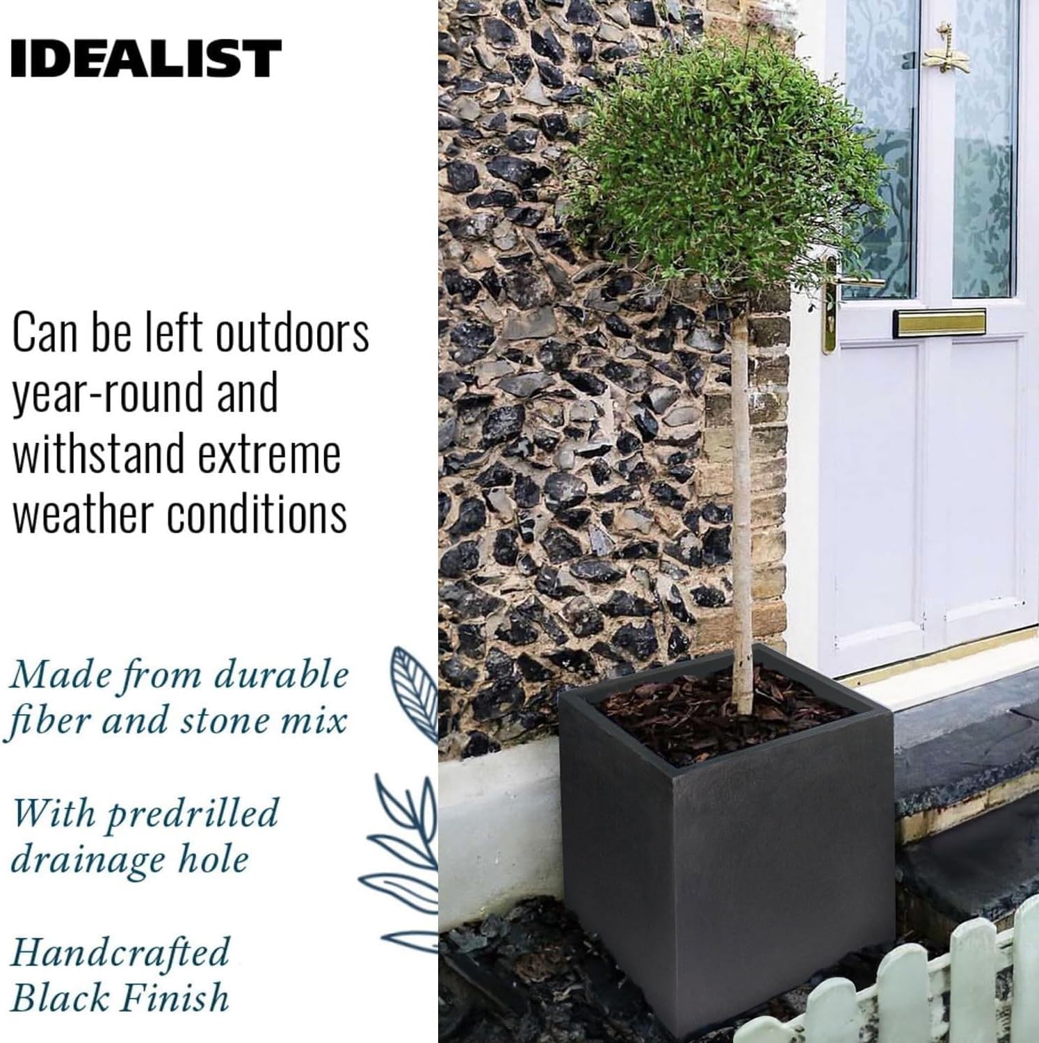 Set of 2 Large Square Planters 50cm Black Stone Effect Pots
