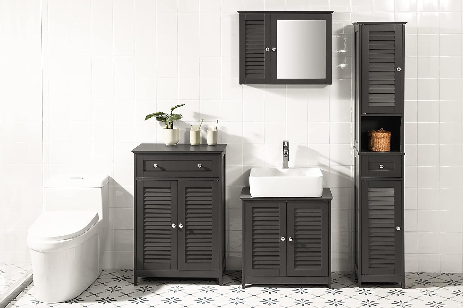 Slim Tall Bathroom Cabinet Dark Grey Louver Door Storage