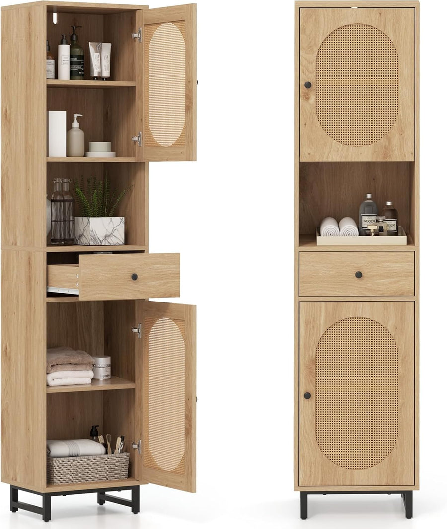 Tall Slim Storage Cabinet Natural Rattan Drawer Door Unit
