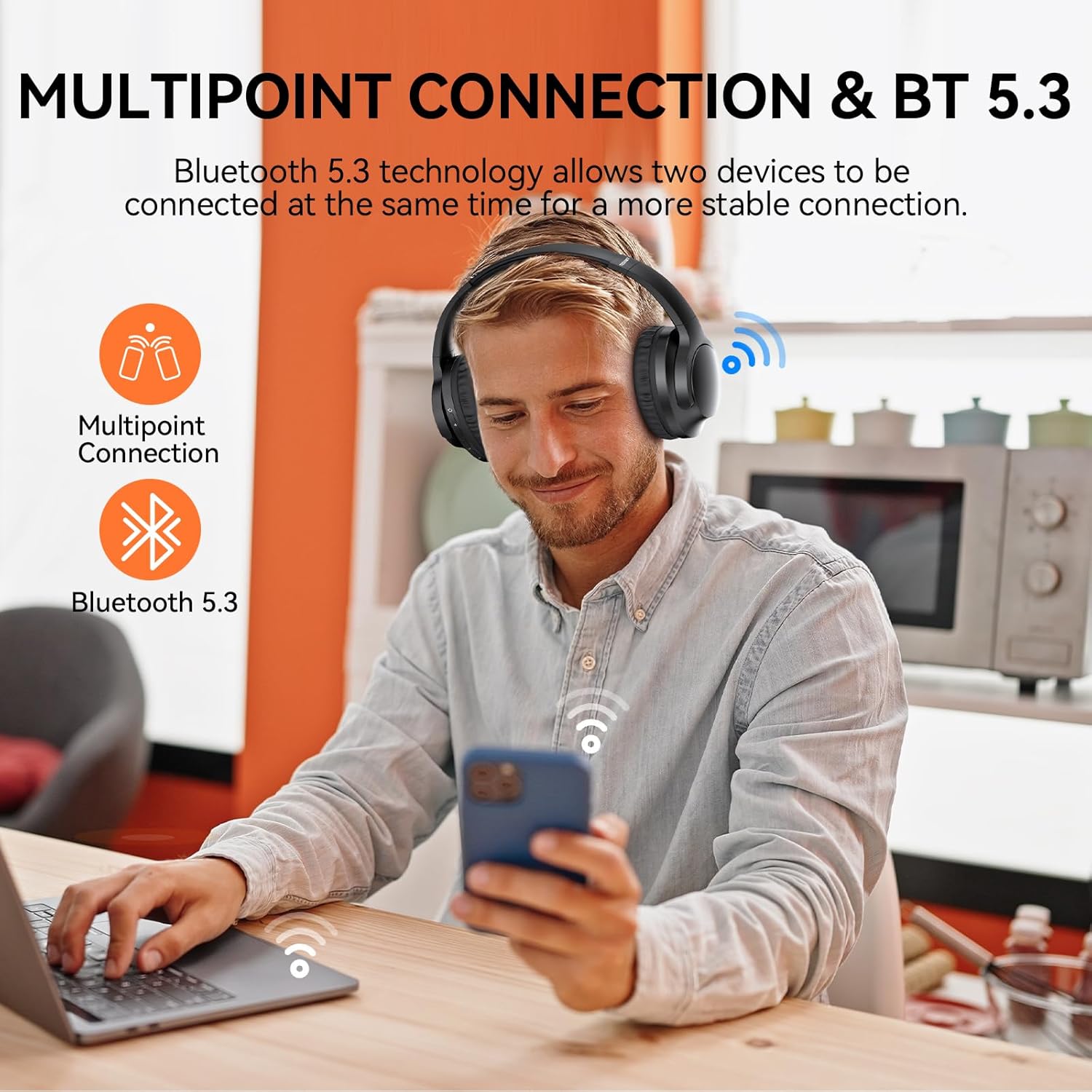 Bluetooth Over Ear Headphones 70H Playtime Foldable Mic HiFi