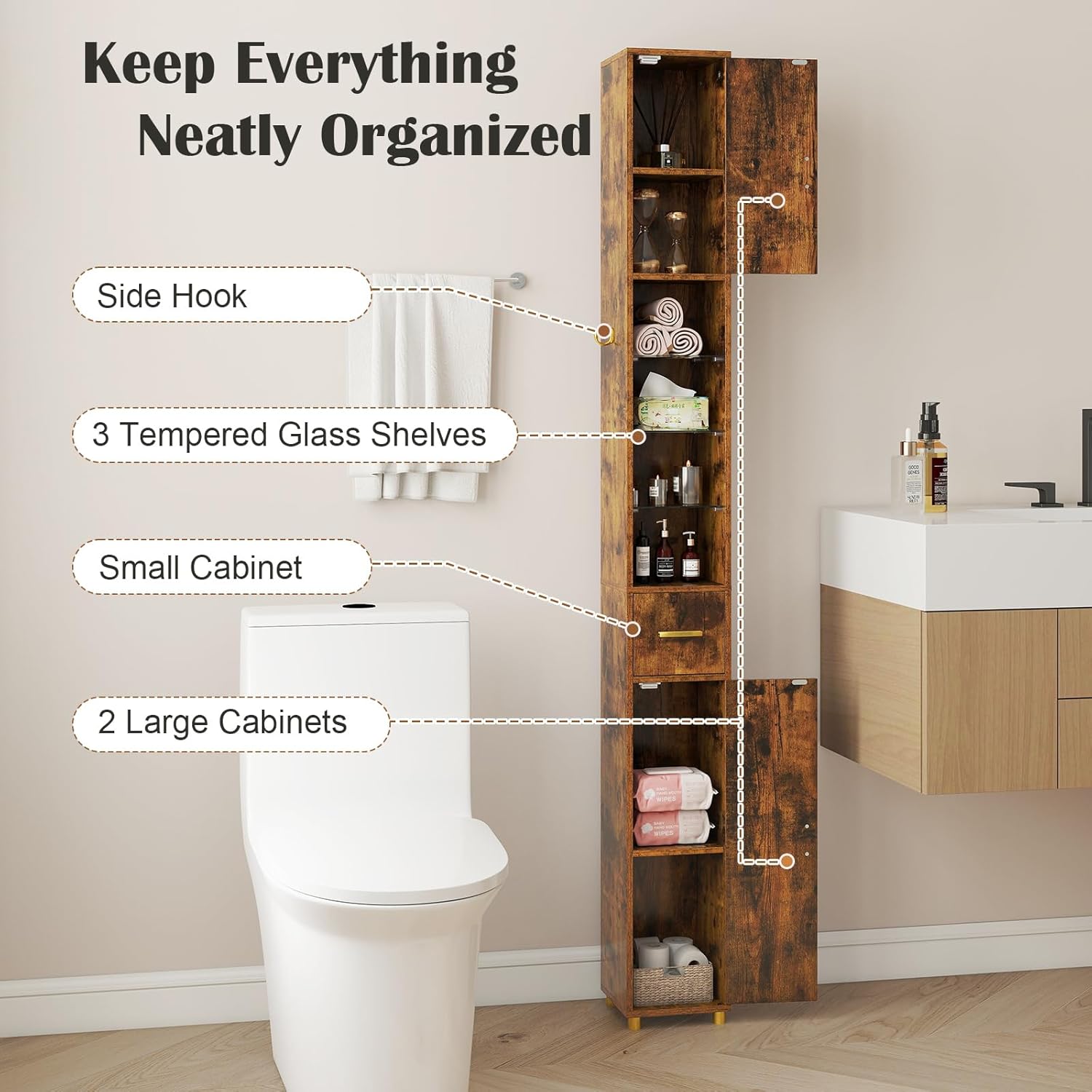 Tall Slim Bathroom Cabinet LED Lights Drawer Rustic Brown 180cm