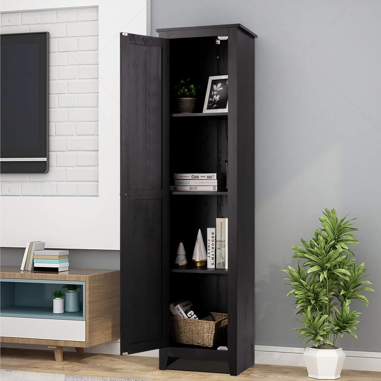 Tall Storage Cabinet Black 4 Shelf Single Door Unit