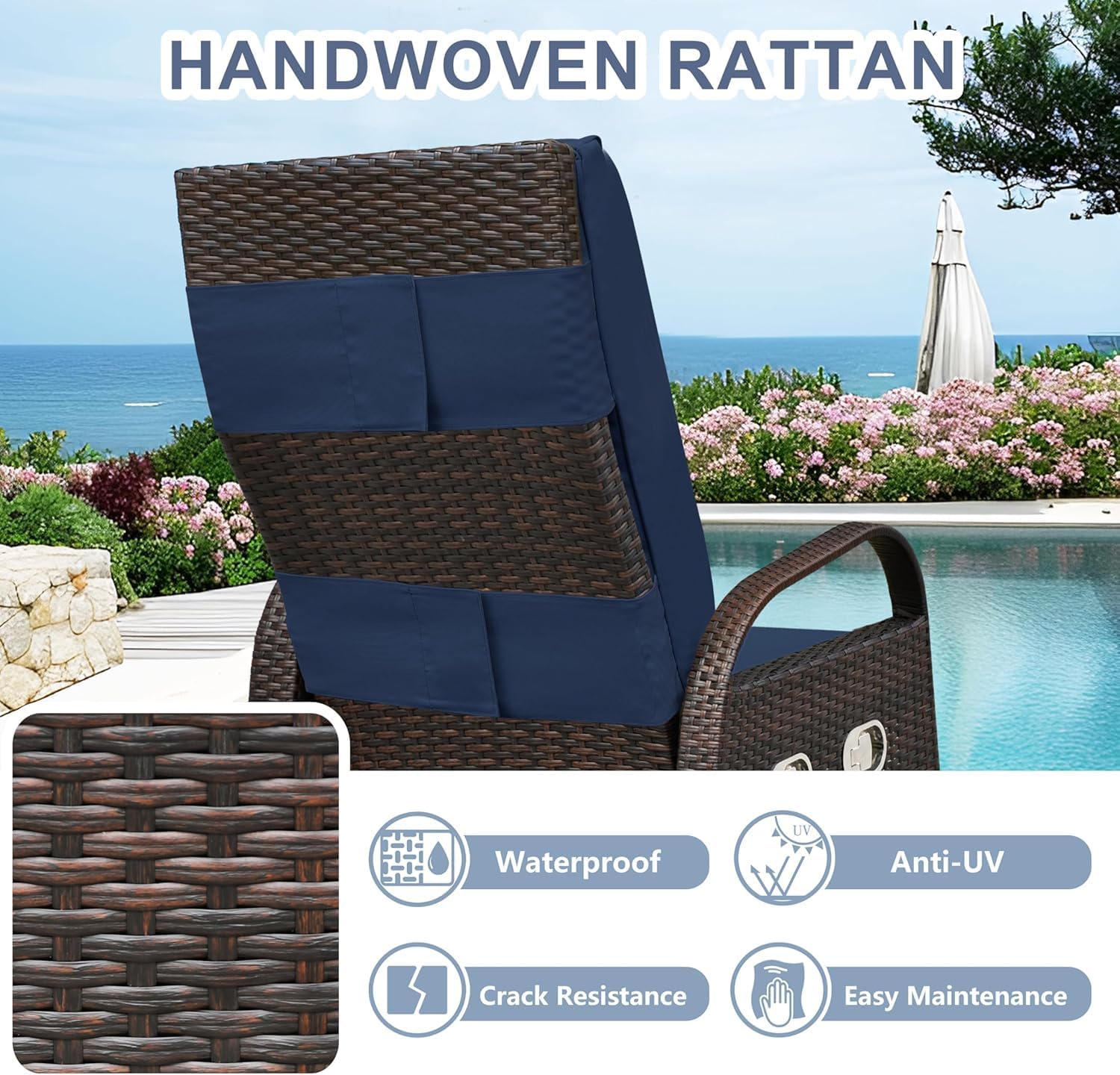 Rattan Recliner Garden Chair with Side Table Navy Blue
