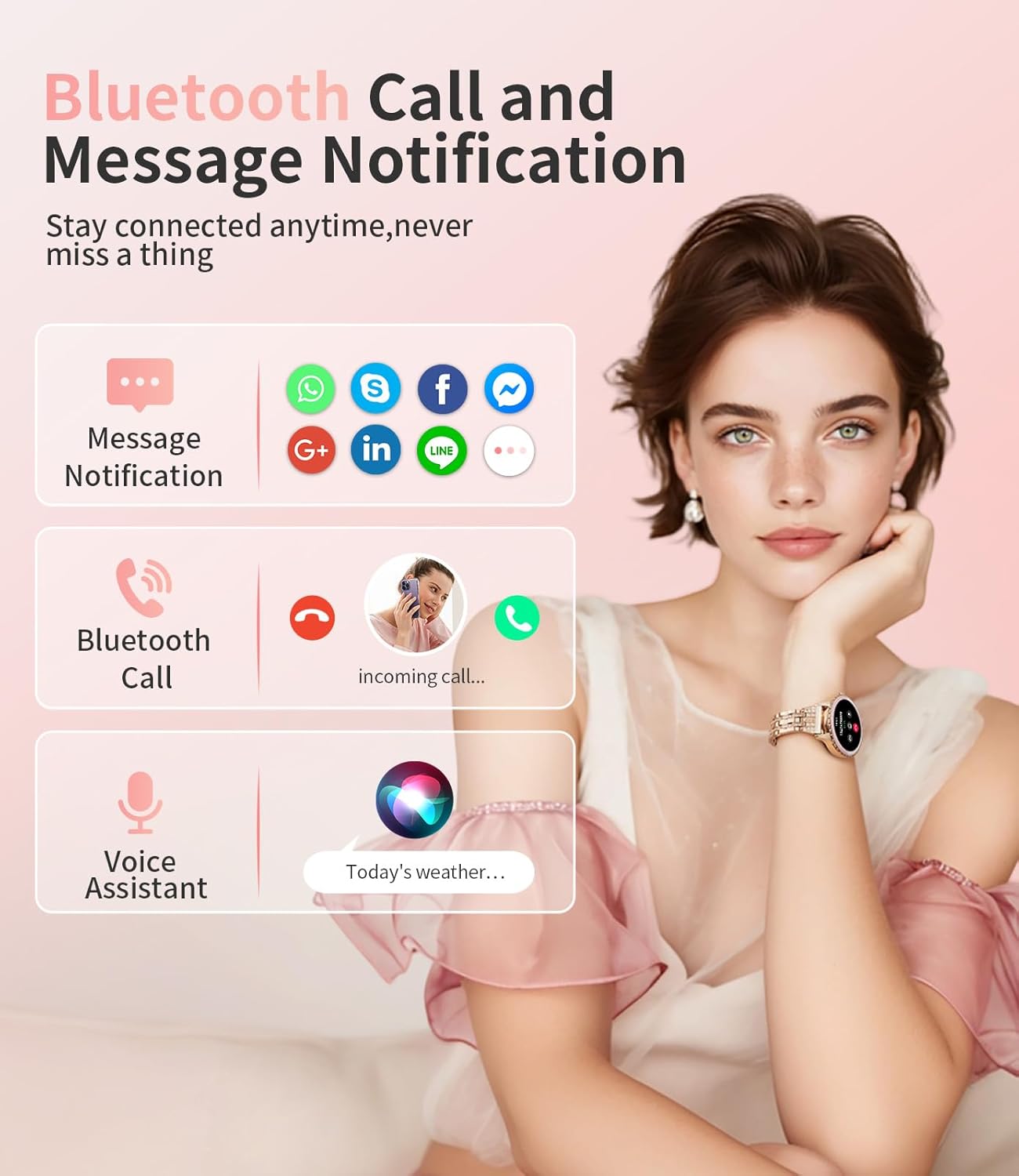 Rose Gold Diamond Smart Watch Bluetooth Call Fitness Tracker