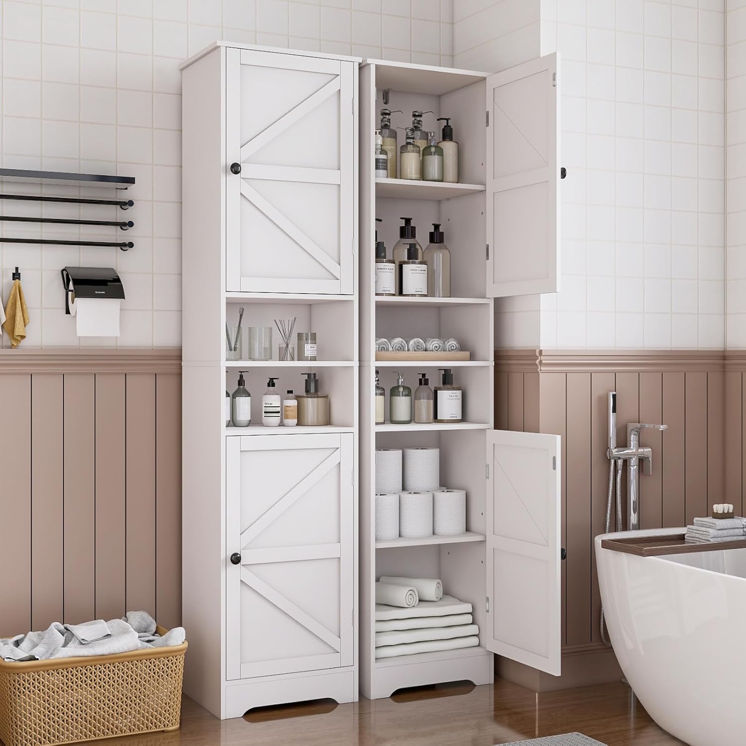 Tall Bathroom Storage Cabinet Slim Adjustable Shelf White