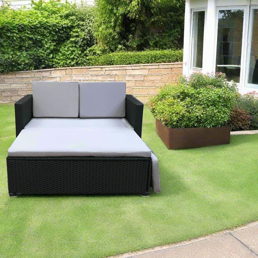 Rattan Love Bed 2 Seater Garden Lounge Sofa Black