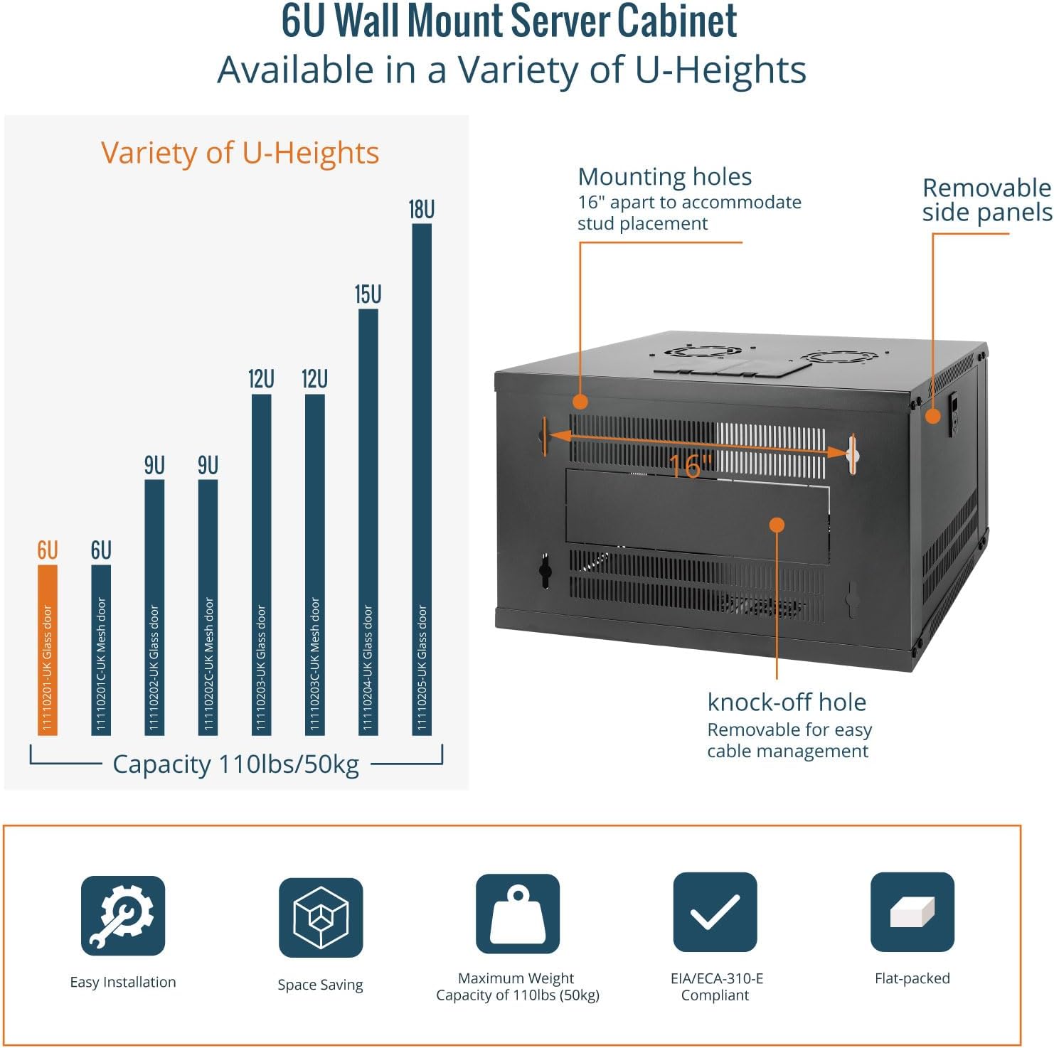 6U Wall Mount Server Cabinet 450mm Glass Door Rack Black