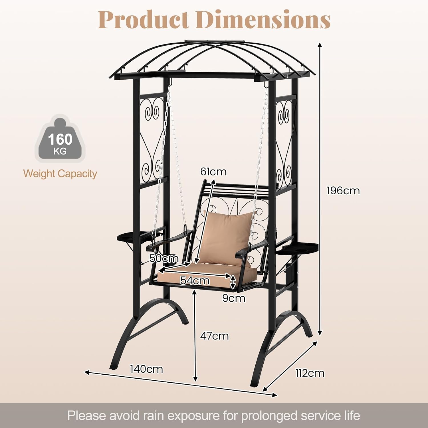 Porch Swing with Stand Canopy Side Tables Beige Black