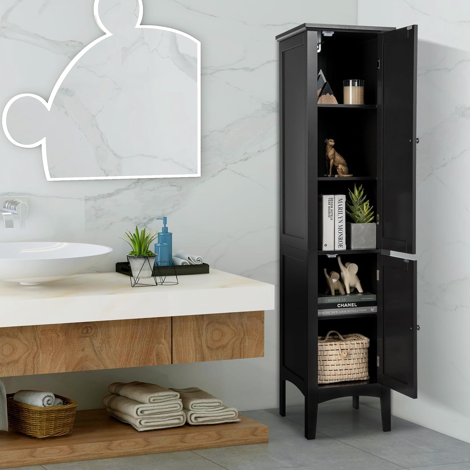 Tall Slim Storage Cabinet Black 5 Tier 2 Door Cupboard