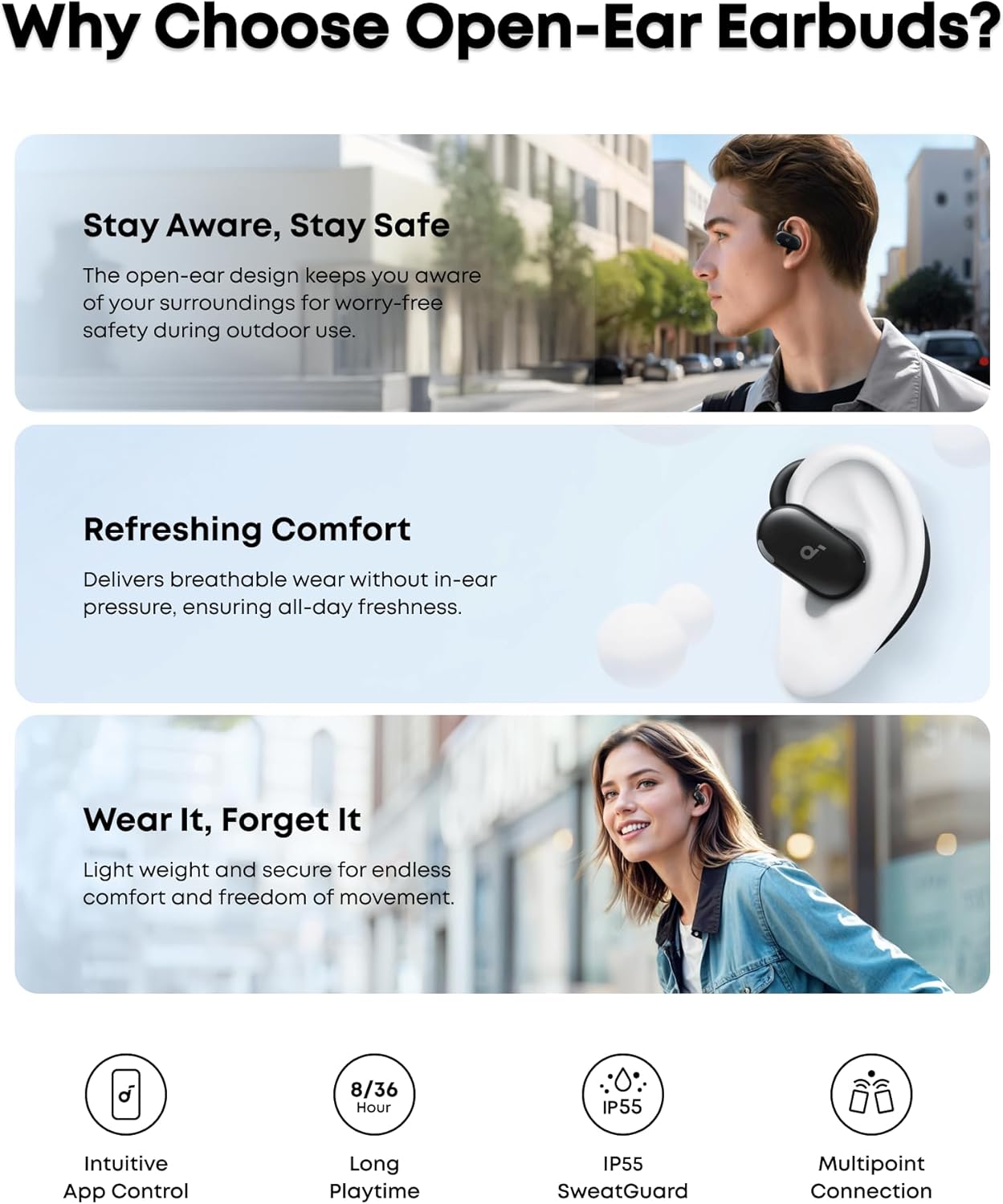 Open Ear Bluetooth Earbuds Adjustable Hooks 36H Playtime IP55