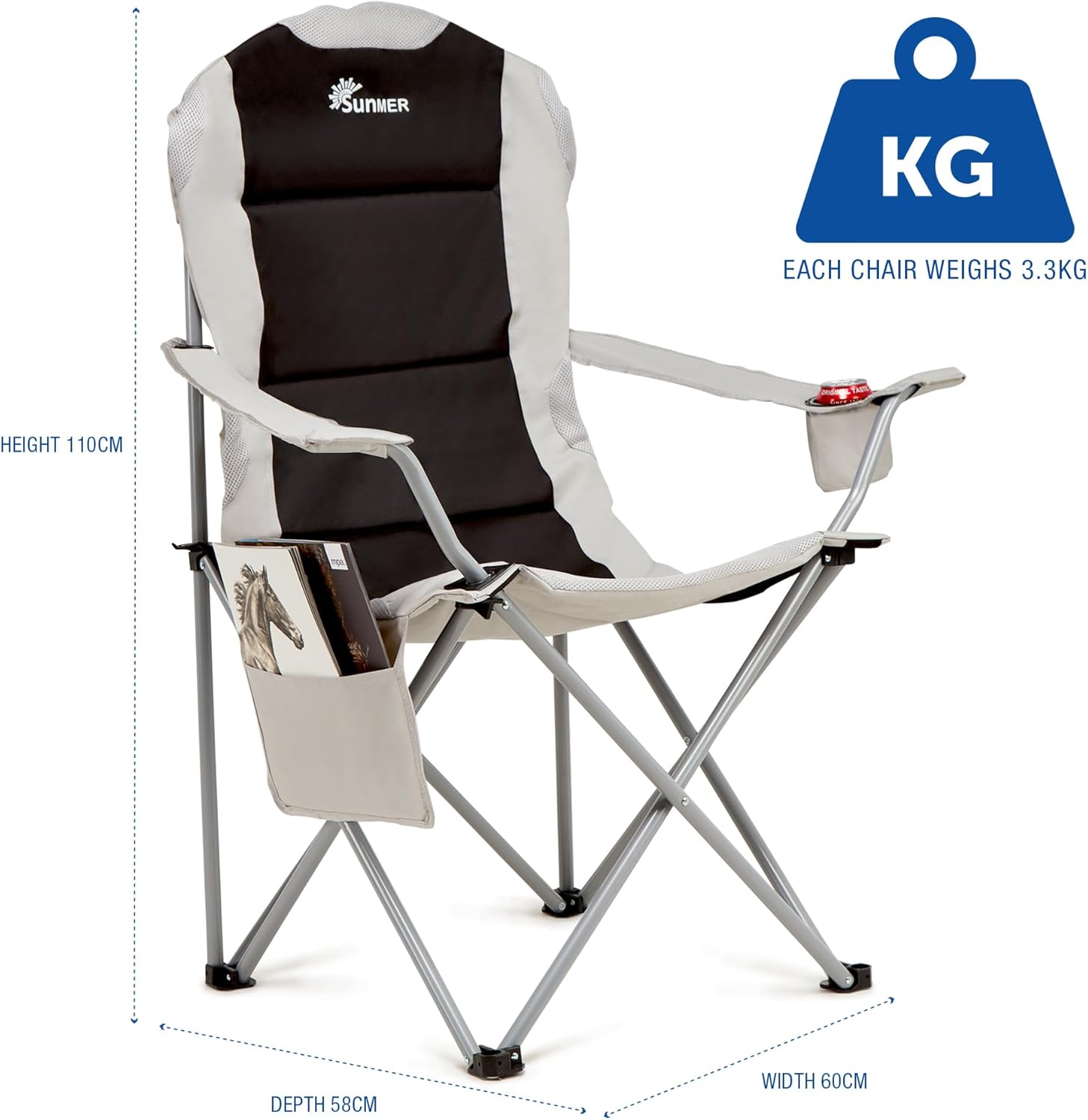 Padded Folding Camping Chairs 2 Pack Cup Holder Black Grey