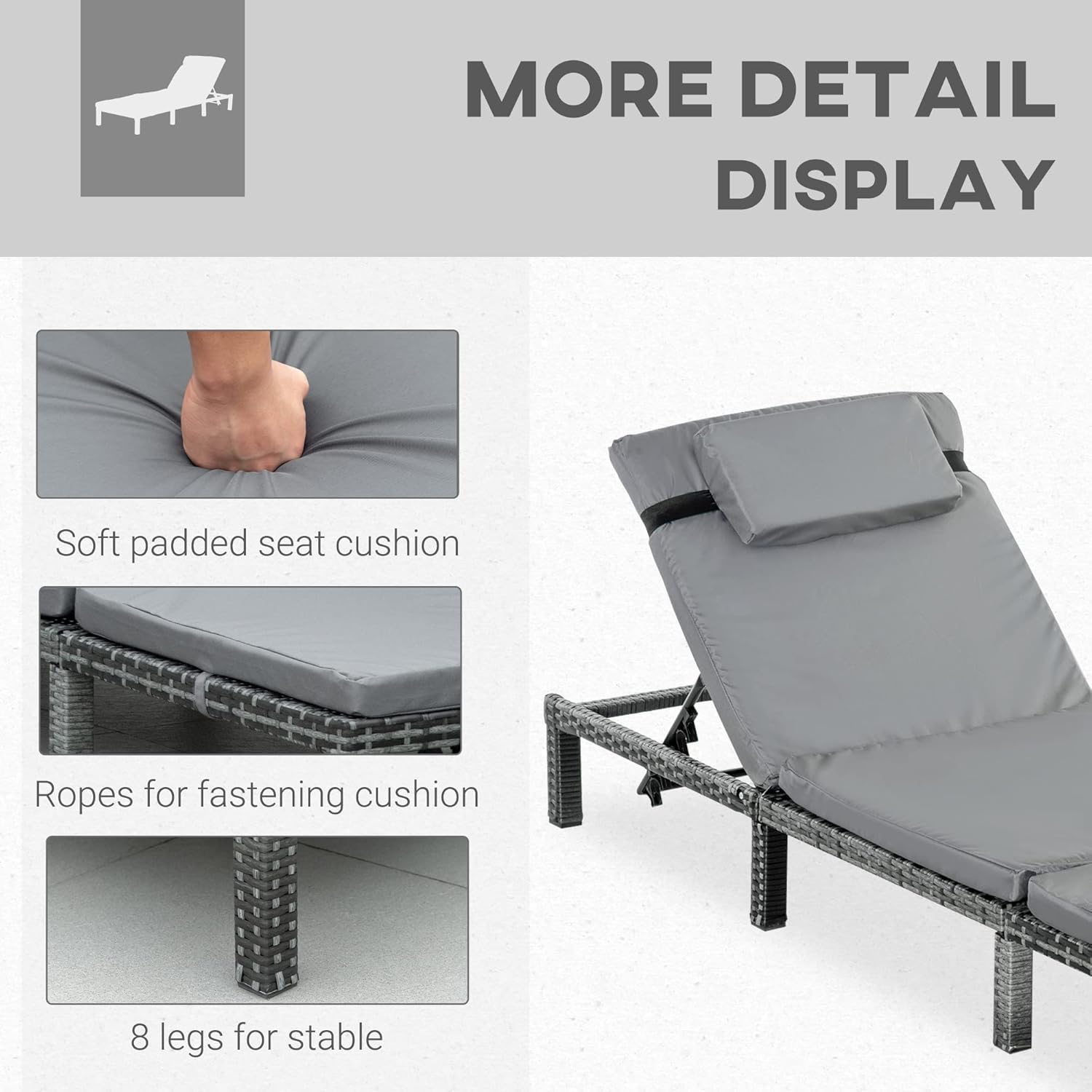 Rattan Sun Lounger 5 Level Recliner Cushion Grey