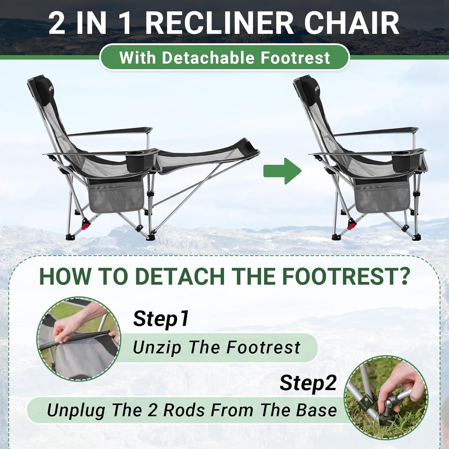 Set of 2 Reclining Camping Chairs with Footrest