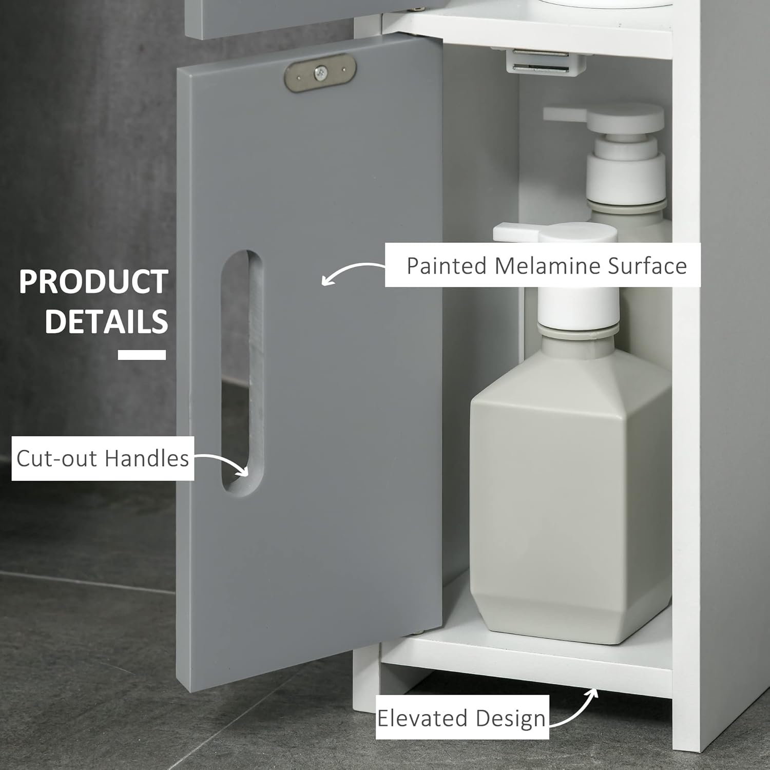 Slim Tall Bathroom Storage Cabinet 3 Doors Open Shelves Grey
