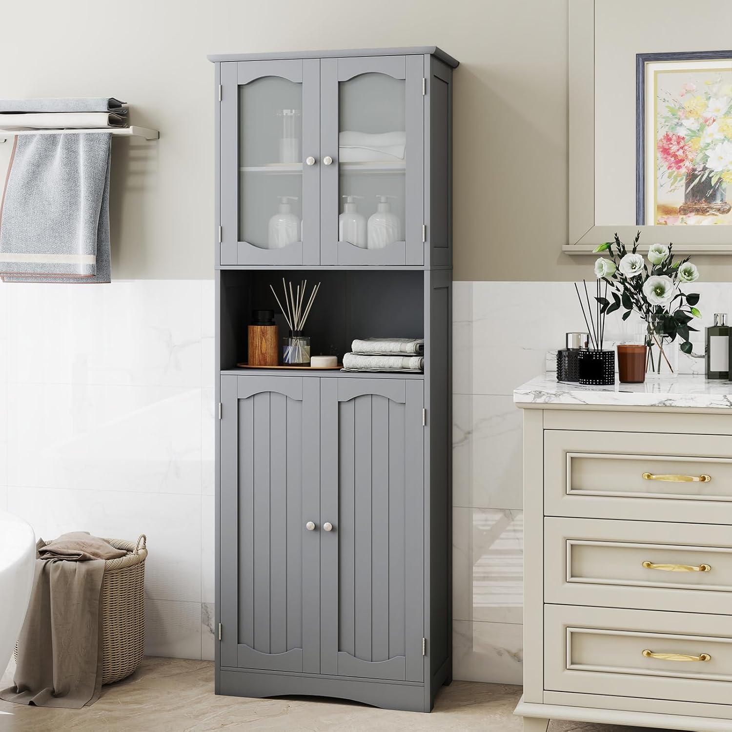 Tall Bathroom Storage Cabinet Glass Door Shelf Unit Grey