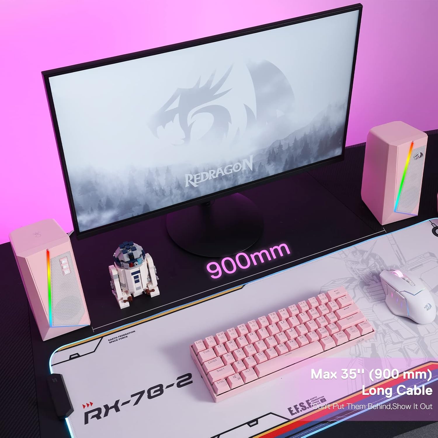 PC Speakers RGB Stereo USB Powered Desktop Audio Pink Bass