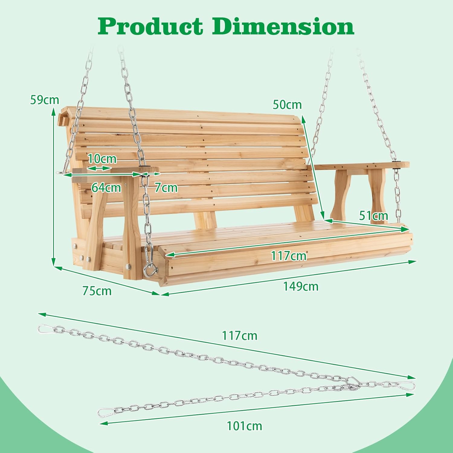 2 Seater Wooden Porch Swing Chair Fir Bench Cup Holders 240kg
