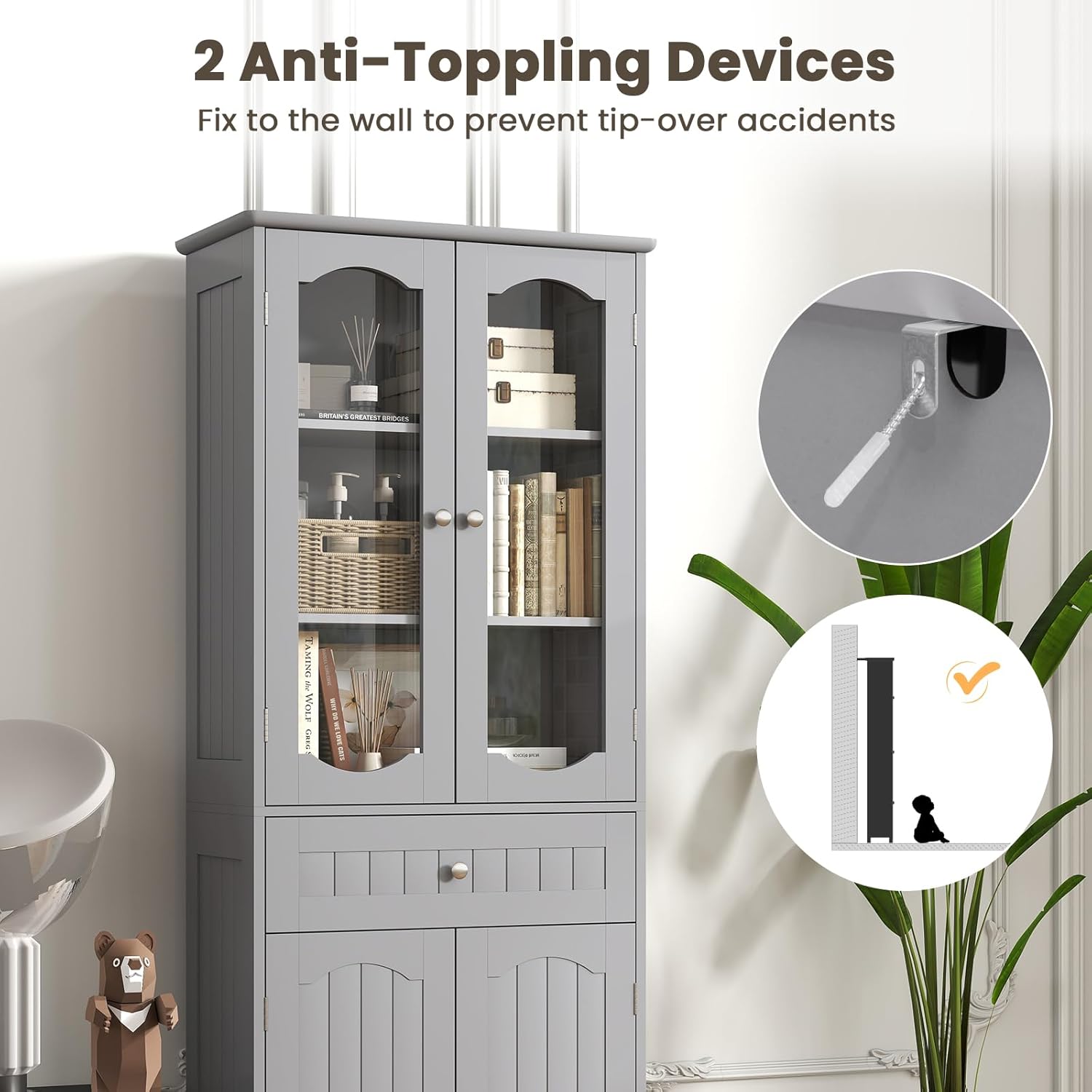 Grey Tallboy Bathroom Storage Unit Glass Door Drawer Cabinet Shelf