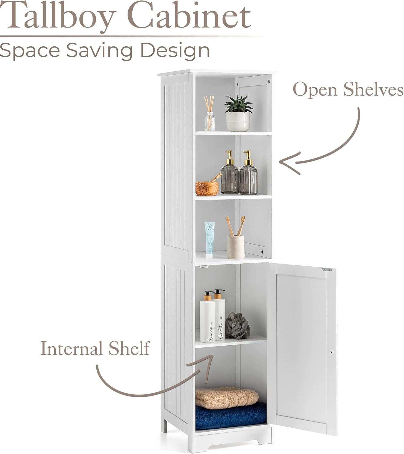 Tall Bathroom Tallboy Cabinet 3 Shelf Cupboard White 160cm