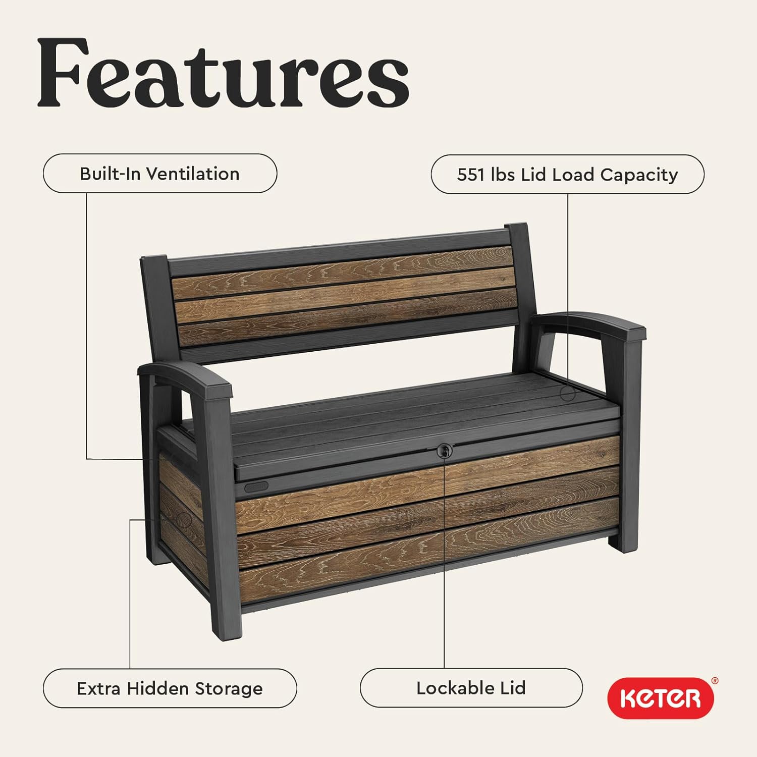 270L Outdoor Garden Storage Bench Wood Look Resin Seat