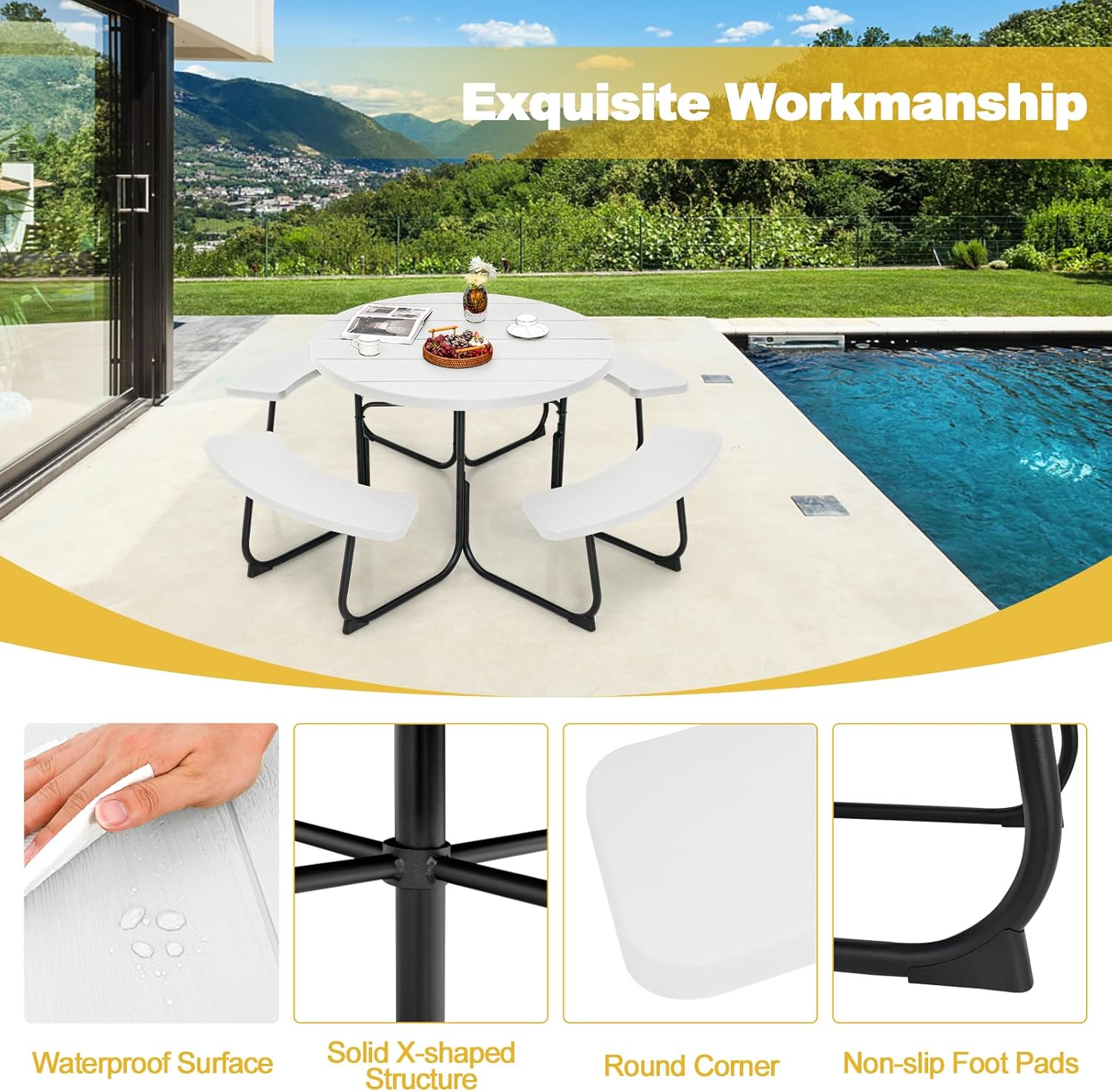 8 Seater Round Picnic Table Bench Set Outdoor Patio w/Parasol Hole