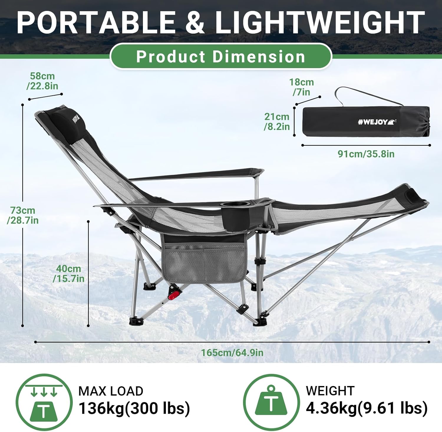 Set of 2 Reclining Camping Chairs with Footrest