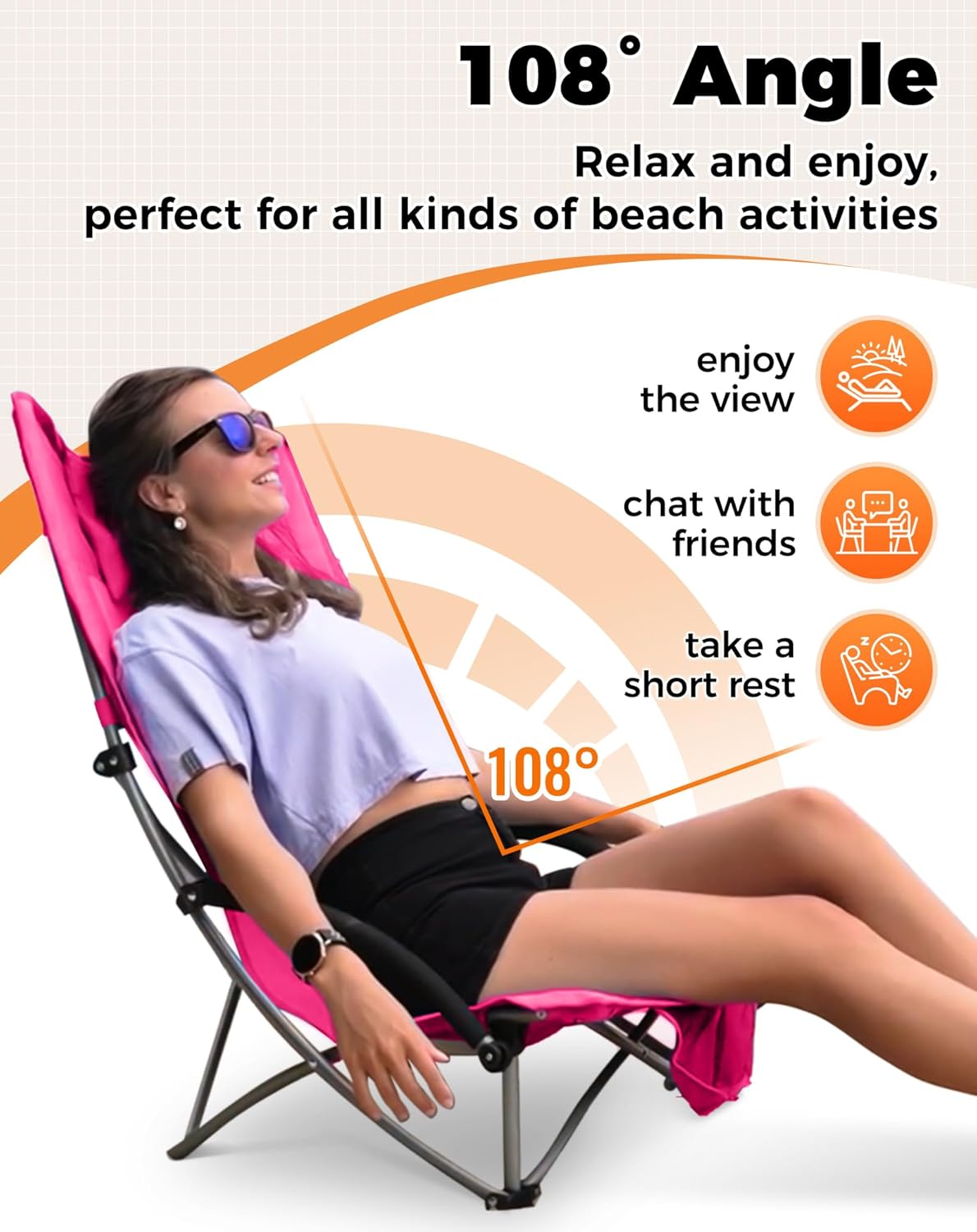 Rose Red Low Folding Beach Chair Heavy Duty Portable Mesh Seat
