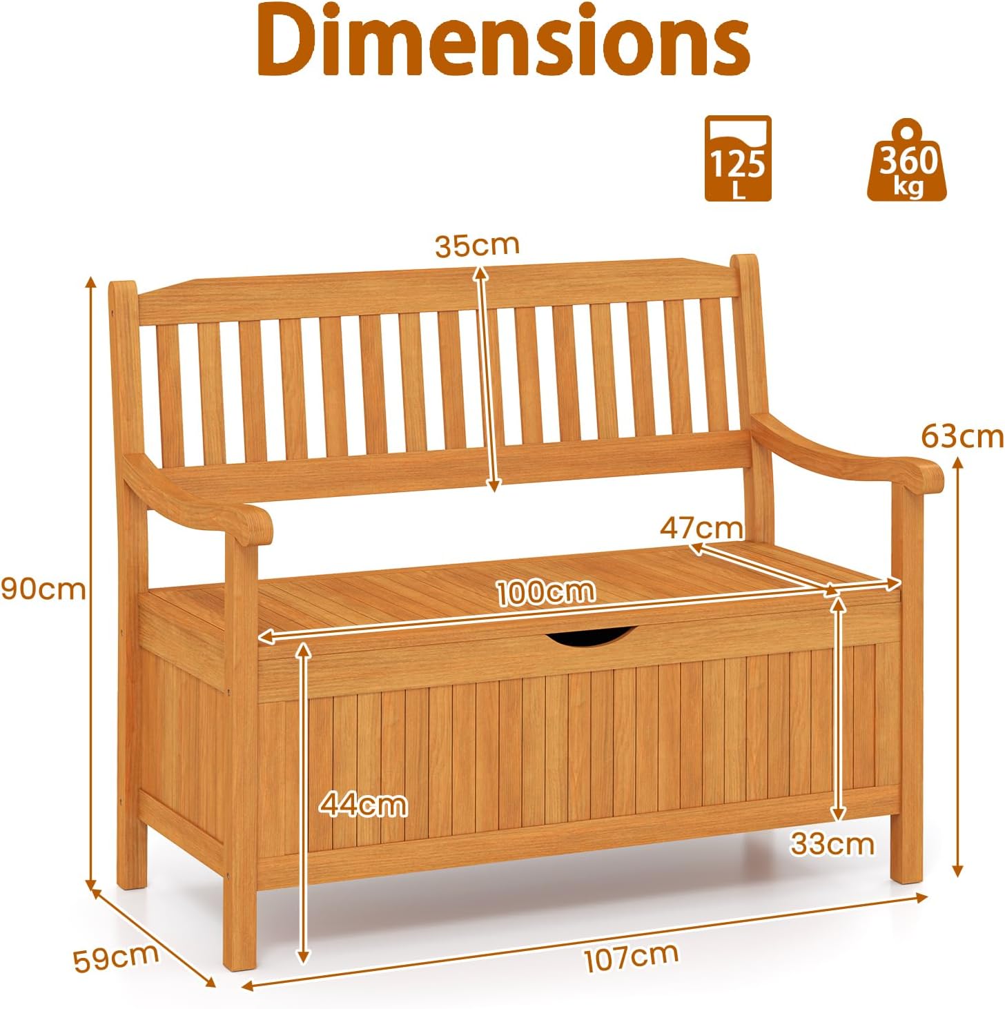 2 Seater Wooden Garden Storage Bench Patio Seat with 125L Box