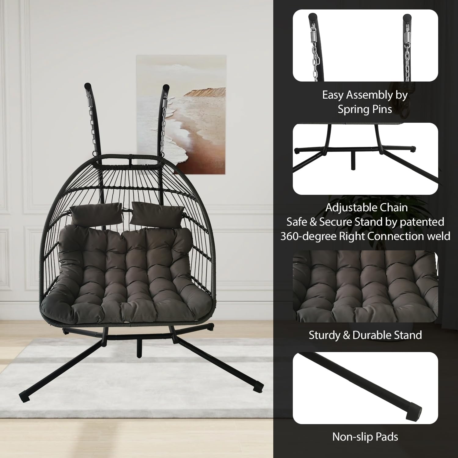 Double Egg Chair Swing Rattan Hanging Seat Stand Cushions Grey